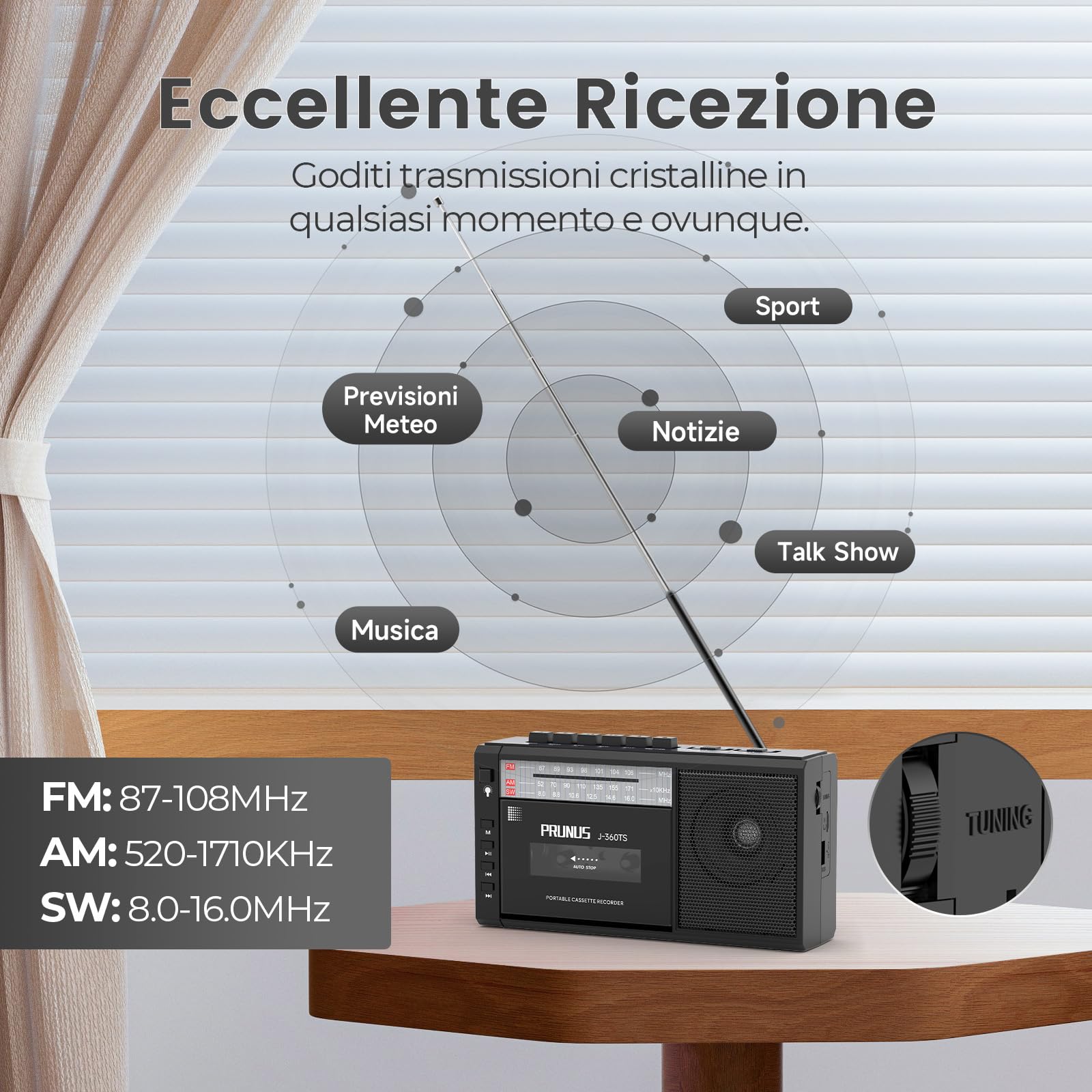 PRUNUS J-360 Radio Cassette AM/FM/SW Portatile con Bluetooth, Solare/Batteria Ricaricabile, Torcia, USB, TF Card