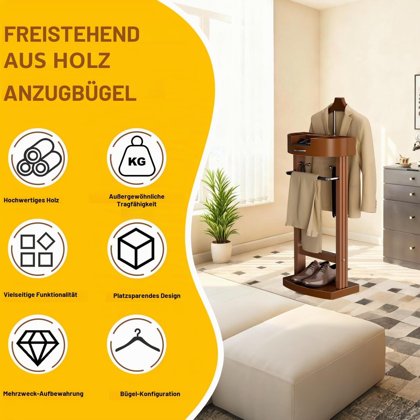 Wood Herrendiener für Herren, Stummer Diener Modern mit Schublade und Ablage, Bodenstehender Kleiderständer, Klamotten Ständer für Schlafzimmer, Eingangsbereich, Flur