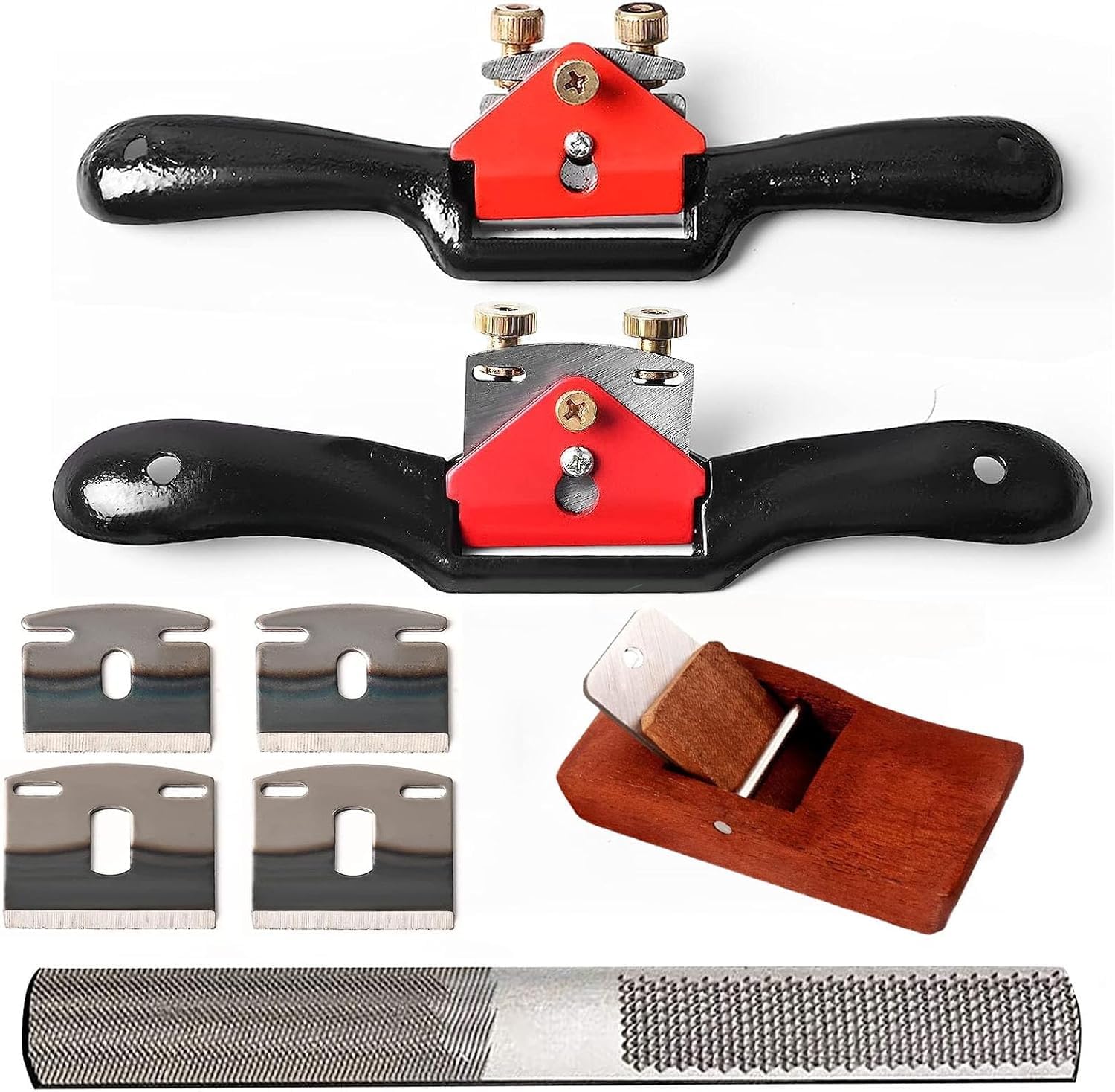 Adjustable Spokeshave Set, 2pcs Spokeshave, 6pcs Metal Blade, Portable Woodworking Planes and 4-Way Wood Rasp File