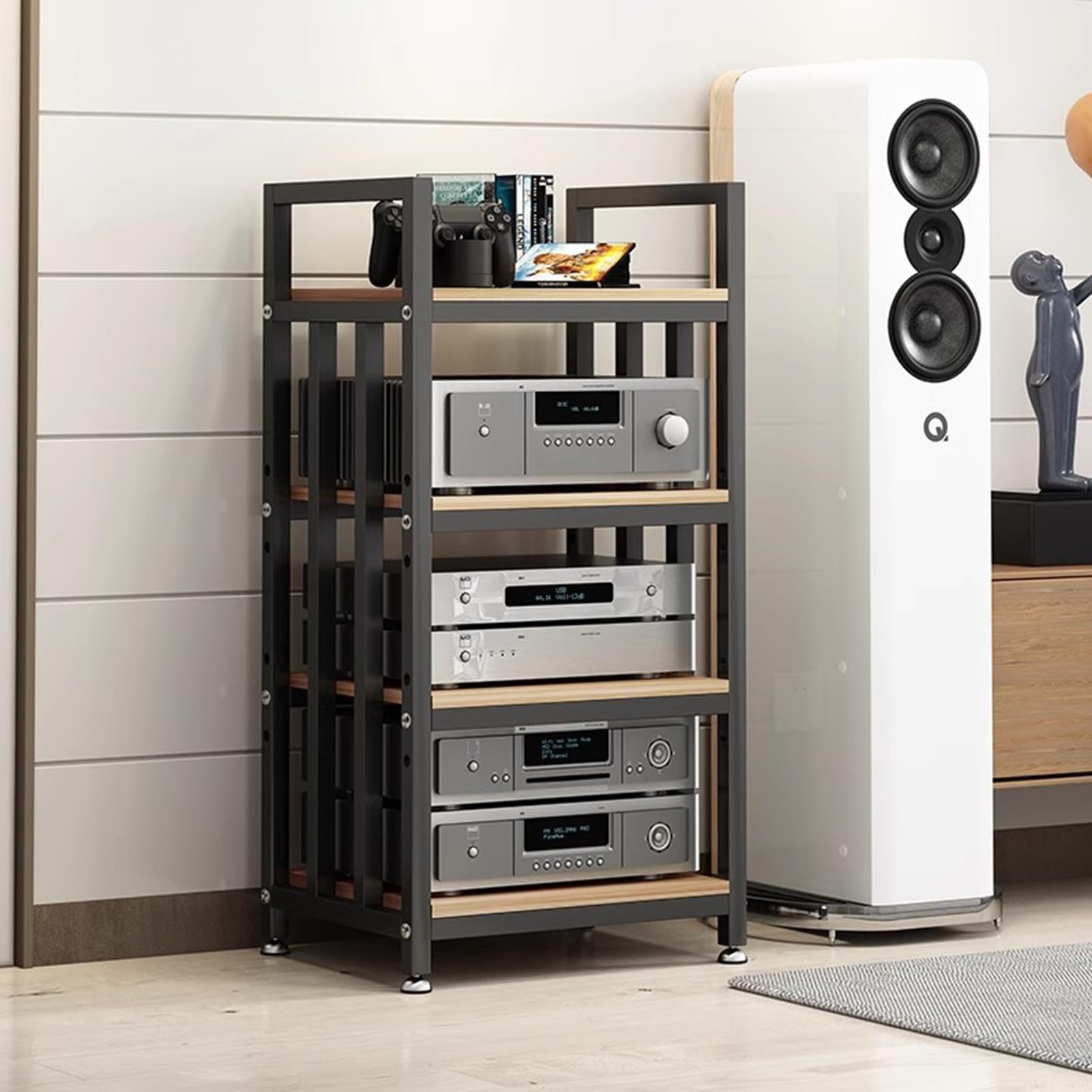 ROHCGHC Audio Rack Tower, HiFi Rack Audio Component Cabinet 4-tier, Video Media Stand Tower for Studio, Electronics Equipment Shelf Storage(Black Frame+wood Board)