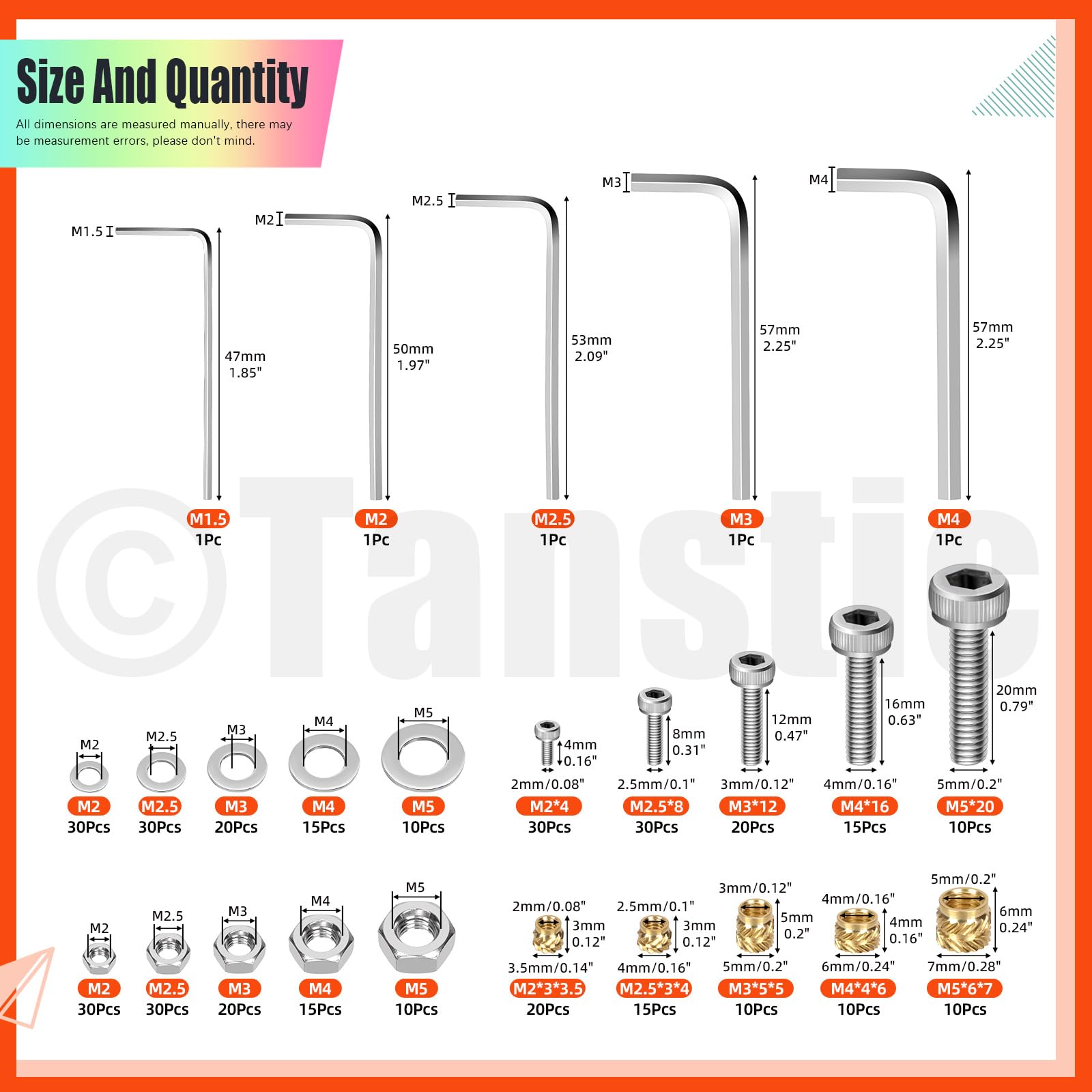Tanstic 385Pcs M2 M2.5 M3 M4 M5 Hex Socket Head Cap Screws Bolts and Nuts and Washers Kit - Image 2