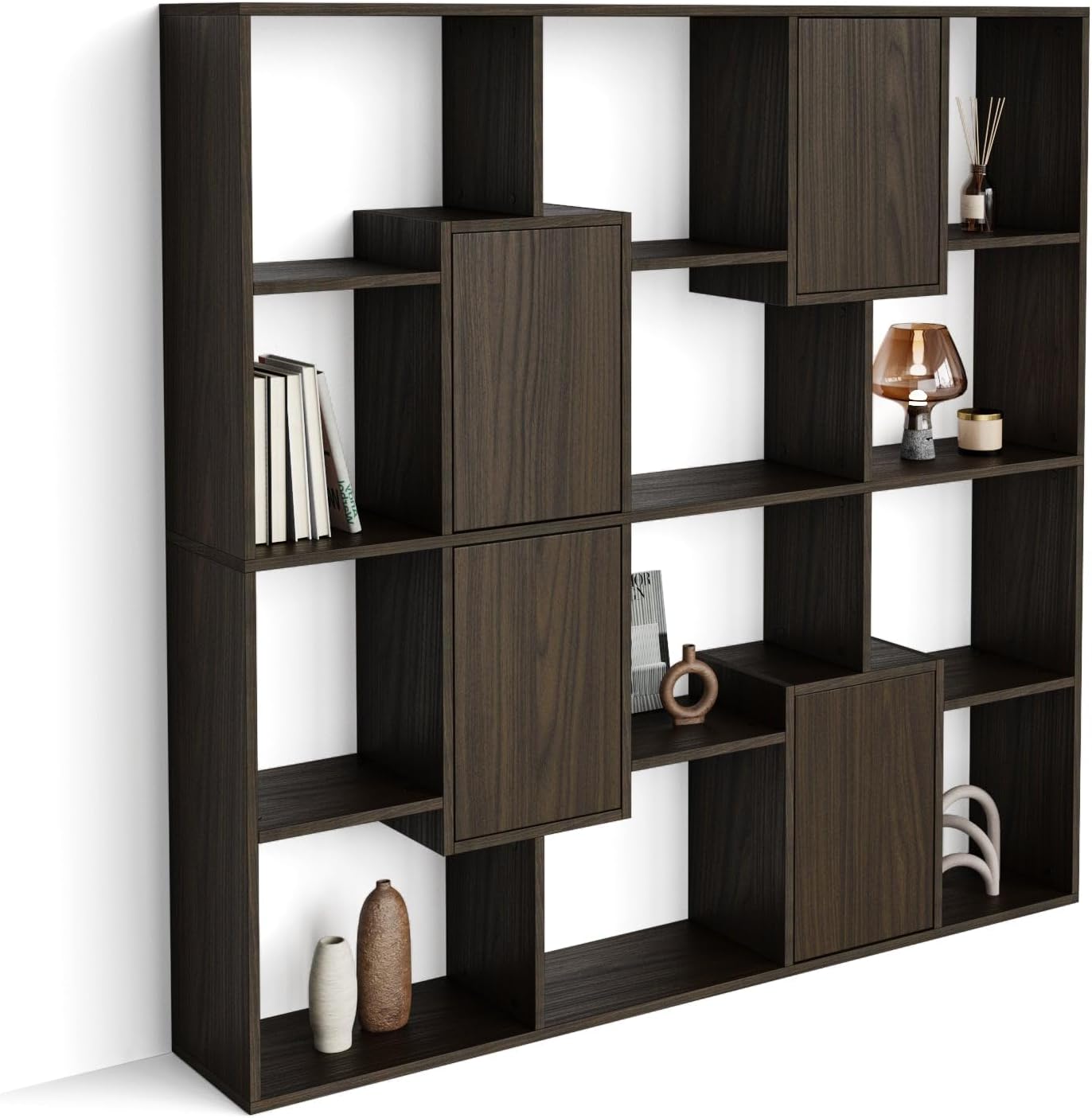 Mobili Fiver, Iacopo S Bookcase with Panel Doors (63.3 x 62.3 in), Dark Walnut, Made in Italy