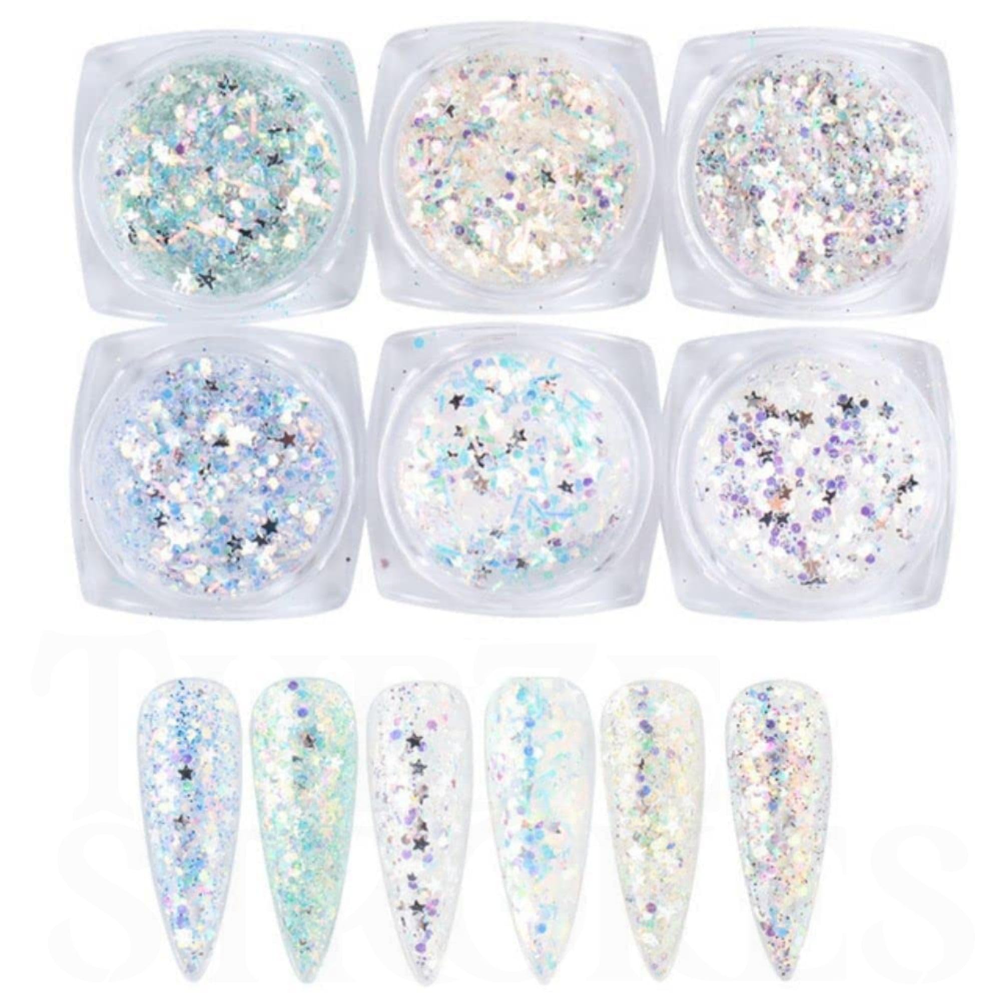 THR3E STROKES Holographic Nail Art Sequins Glitter Kits 6 Boxes 3D Nails Glitter Metallic Shining Flakes Acrylic Powder Dust Sequins for Nails Decoration Holographic Manicure Tips (Mixed Color - Fresh) (D32)