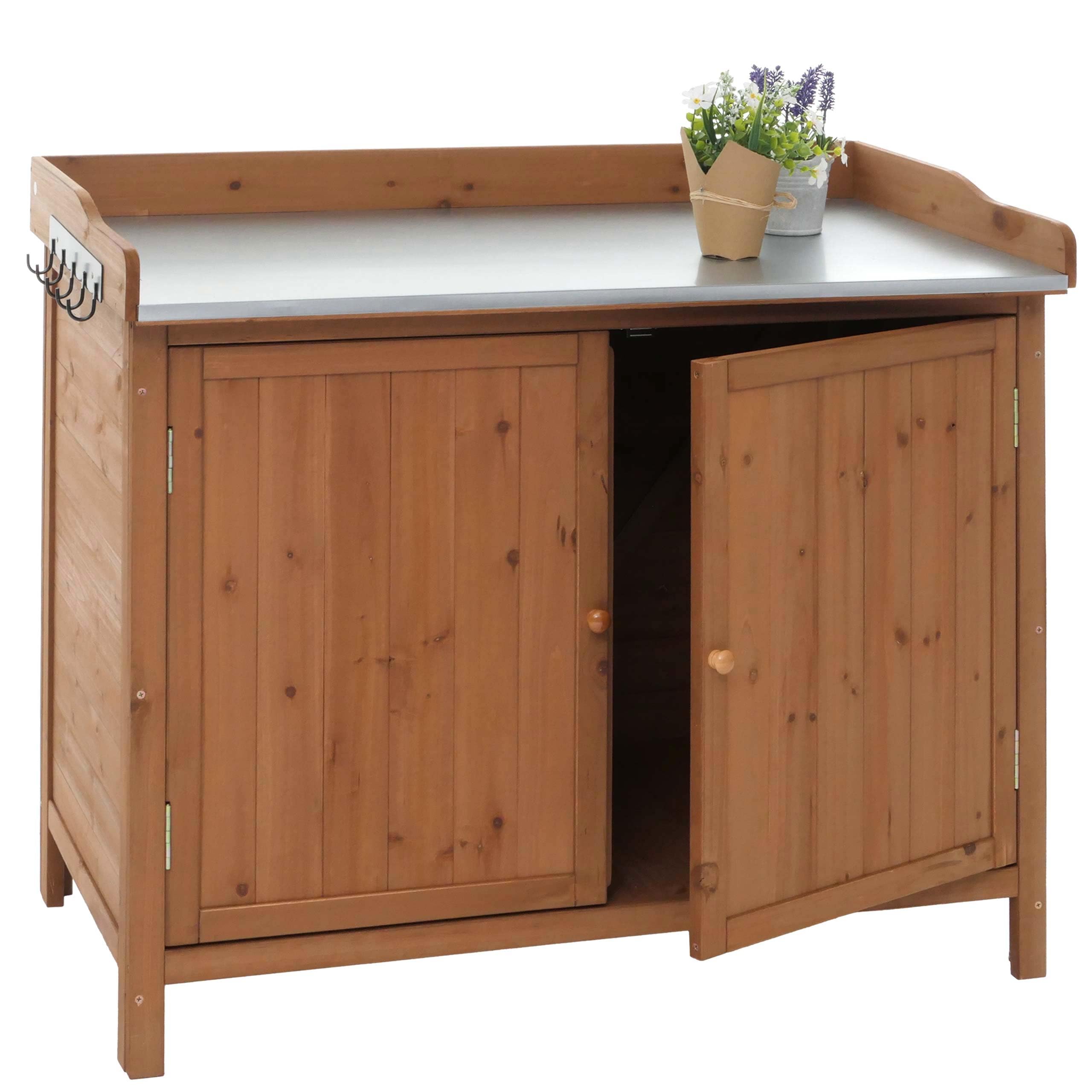 Mendler Armario de jardín con encimera HWC-L69, mesa para plantas, madera de abeto exterior, certificado FSC®, 86 x 104 x 52 cm, color marrón