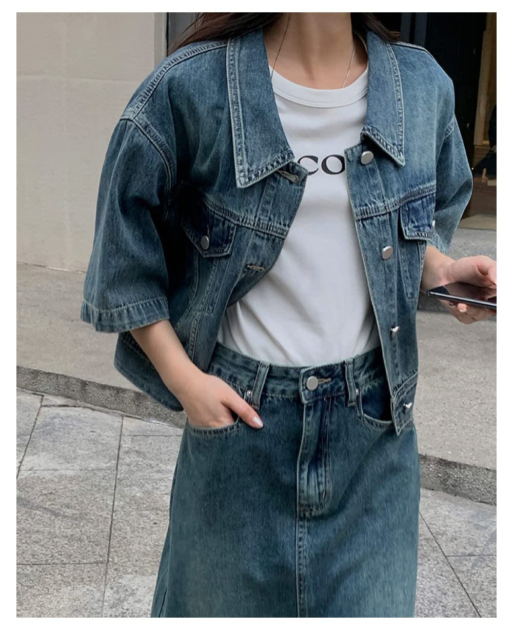 MIDJ Damen-Hemd Mit Knopfleiste,Damen Distressed Crop Top Jeansblusen Hemd Halbe Ärmel Lässige Knopfhemdjacke Blaues Revers Doppeltaschenblusen Tunika Leichte Jeans Modisches Sweatshirt Für Mädchen
