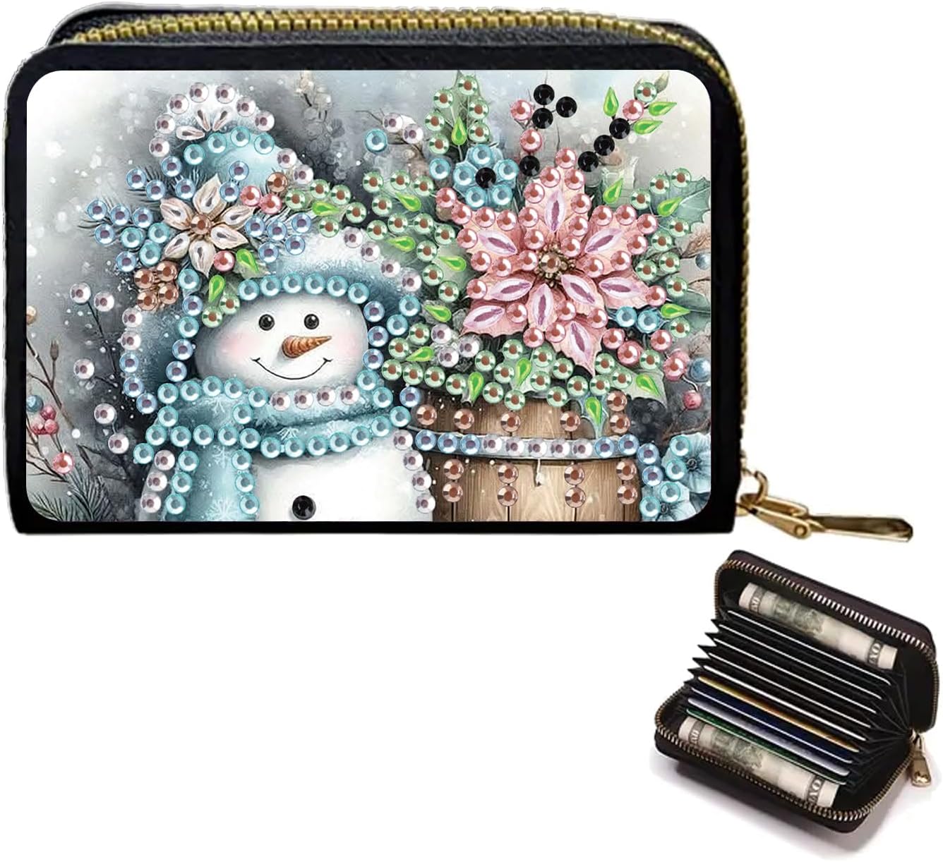 Diamond Painting Card Case with Coin Compartment 11 x 8 cm Diamond Painting Small Purse Women's Credit Card Holder Men's Wallet with Zip Coin Bag in Short Format Christmas Snowman