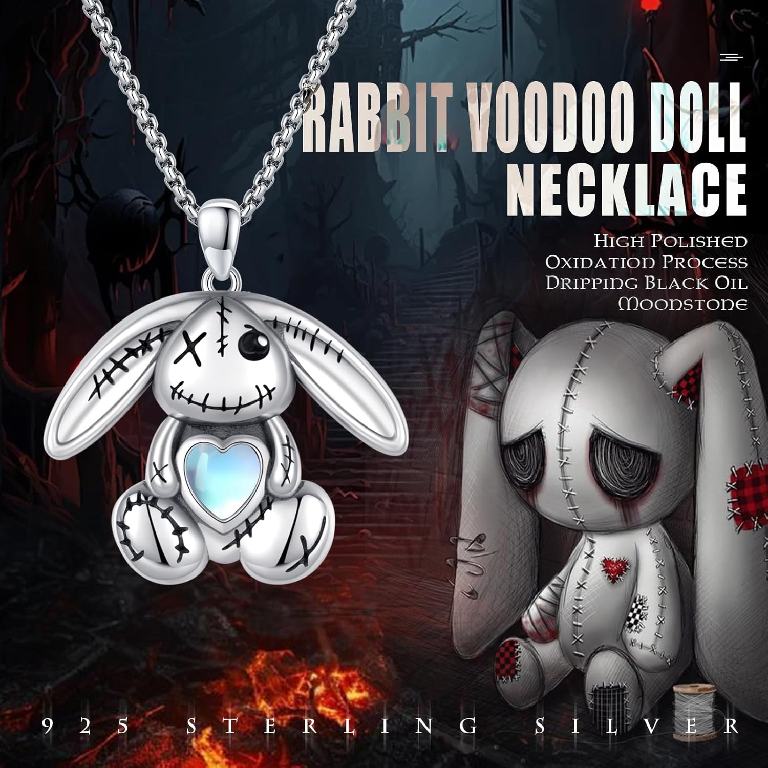 REDSUN 925 Sterling Silver Voodoo Doll Pendant Oxidized Gothic Bunny Bear Necklace Heavy Punk Amulet Jewelry Gifts for Women Men Her Lover Valentines Day Gift,with Stainless Steel Chain - Image 2