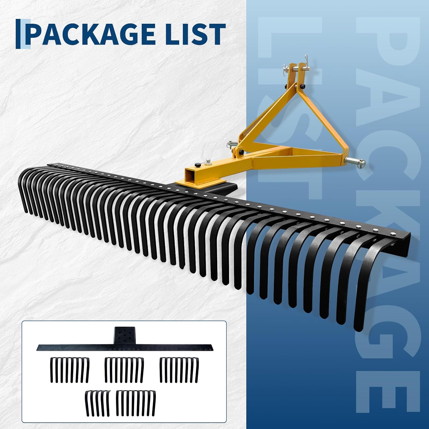 6 ft 3 Point Landscape Rake, 72 Inch Tractor Rock Rake with 37 Steel Tines & 360 Degree Rotation, Heavy Duty Tow Behind Garden Tool for Category 1 & Cat 2 Tractors, Yellow