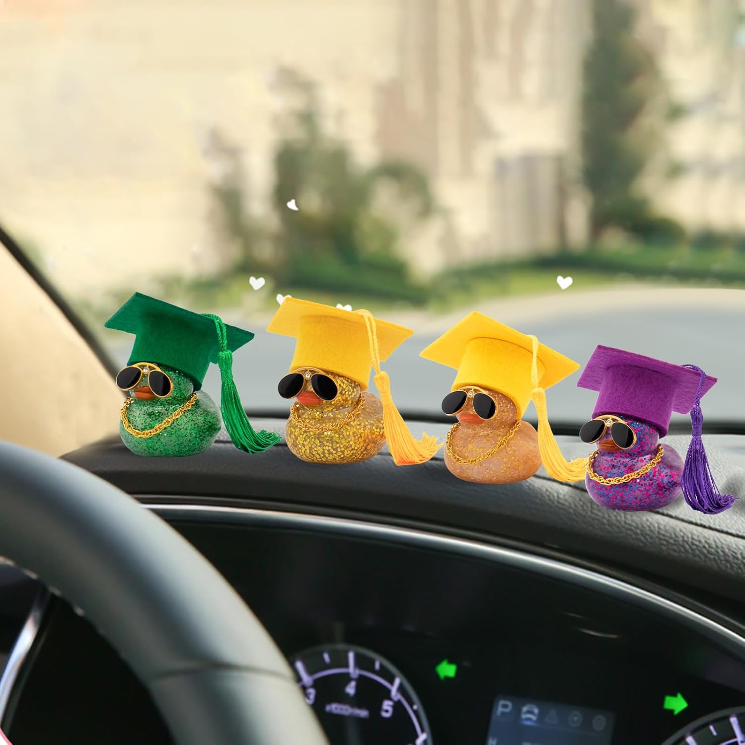 wonuu 2026 Colorful Car Ducks, Rubber Duck Car Dashboard Decorations Ornament Ducky with Graduation Hat, Glasses, Necklace, for Doctor, Master, Bachelor, Glitter Dark Yellow
