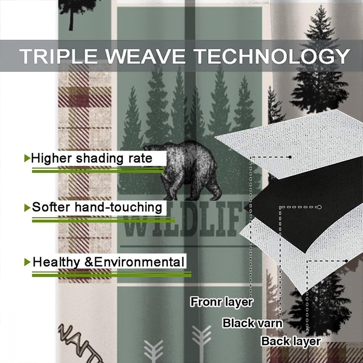 Bear Deer Checkered Blackout Curtains, Rustic Lodge Vintage Brown Buffalo Elk Moose Silhouette Hunting Wildlife Pine Forest Lodge for Bedroom Living Room42X54 Inch