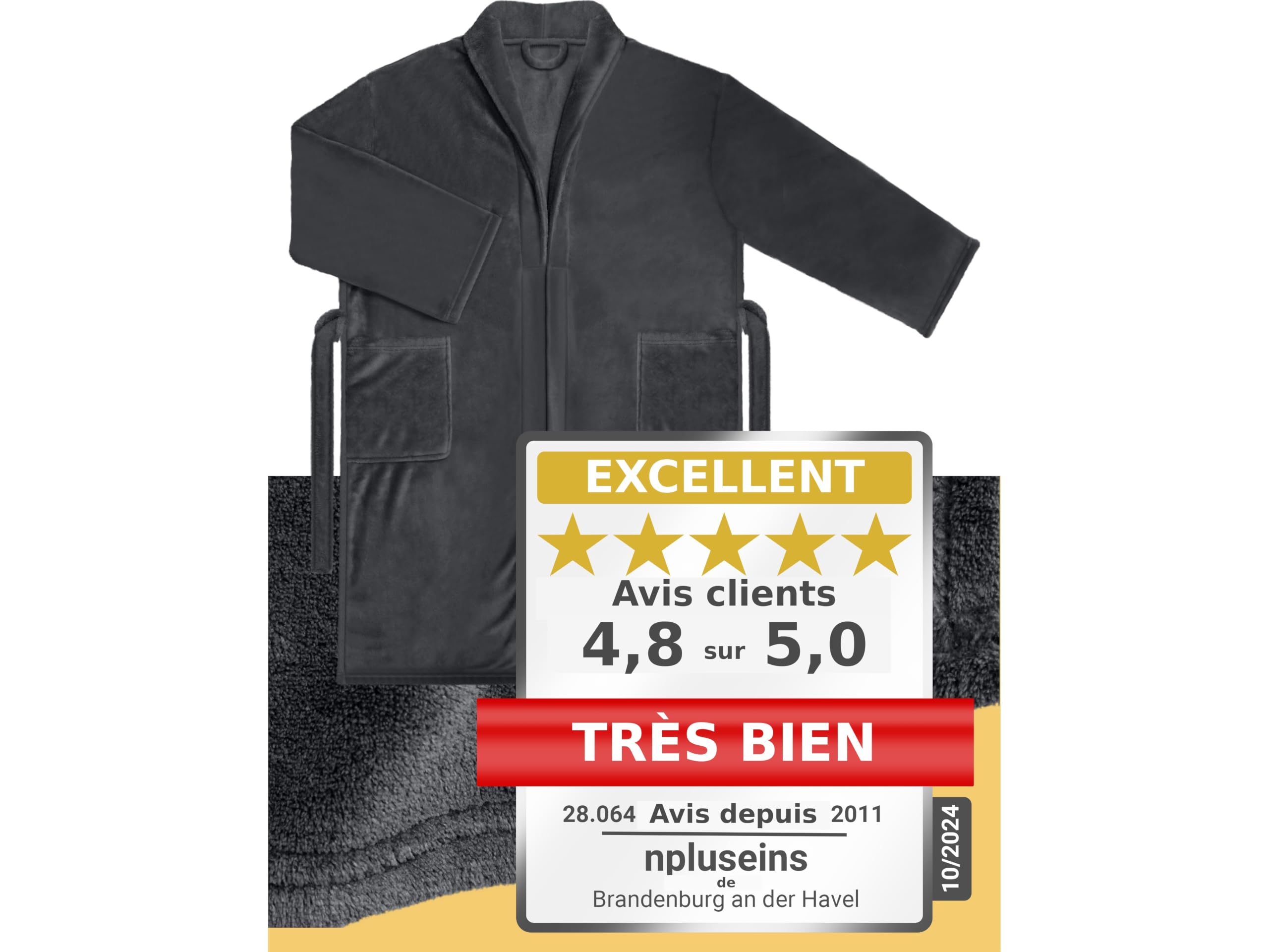 npluseins Peignoir de bain en polaire moelleuse avec col châle – Femme & Homme, XXL, Anthracite