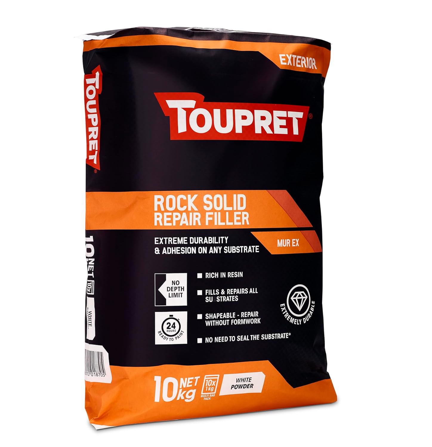 Toupret Rock Solid Repair Filler (Mur Ex) 10 x 1kg Bags - White Powder Filler for Repair, Compatible with Wood, Metal, Plastic