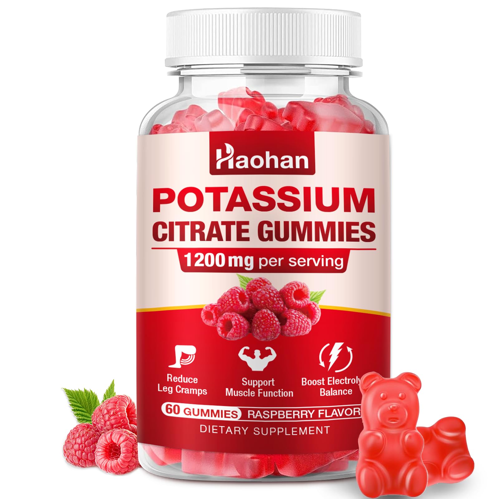 Potassium Citrate Gummies 1200mg - Chewable Supplement to Support Muscle Health & Relieve Leg Cramps for Men & Women. Vegan, Gluten-Free, Sugar-Free, Raspberry Flavor, 60 Count