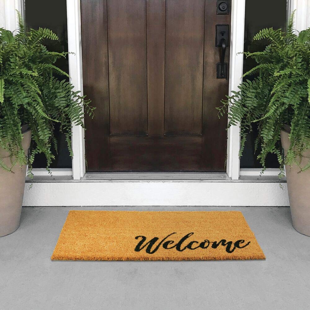 mDesign Decorative Doormat – Natural Coir Doormat with Script Writing – Welcome Mat for Indoor and Outdoor Use – Brown/Black