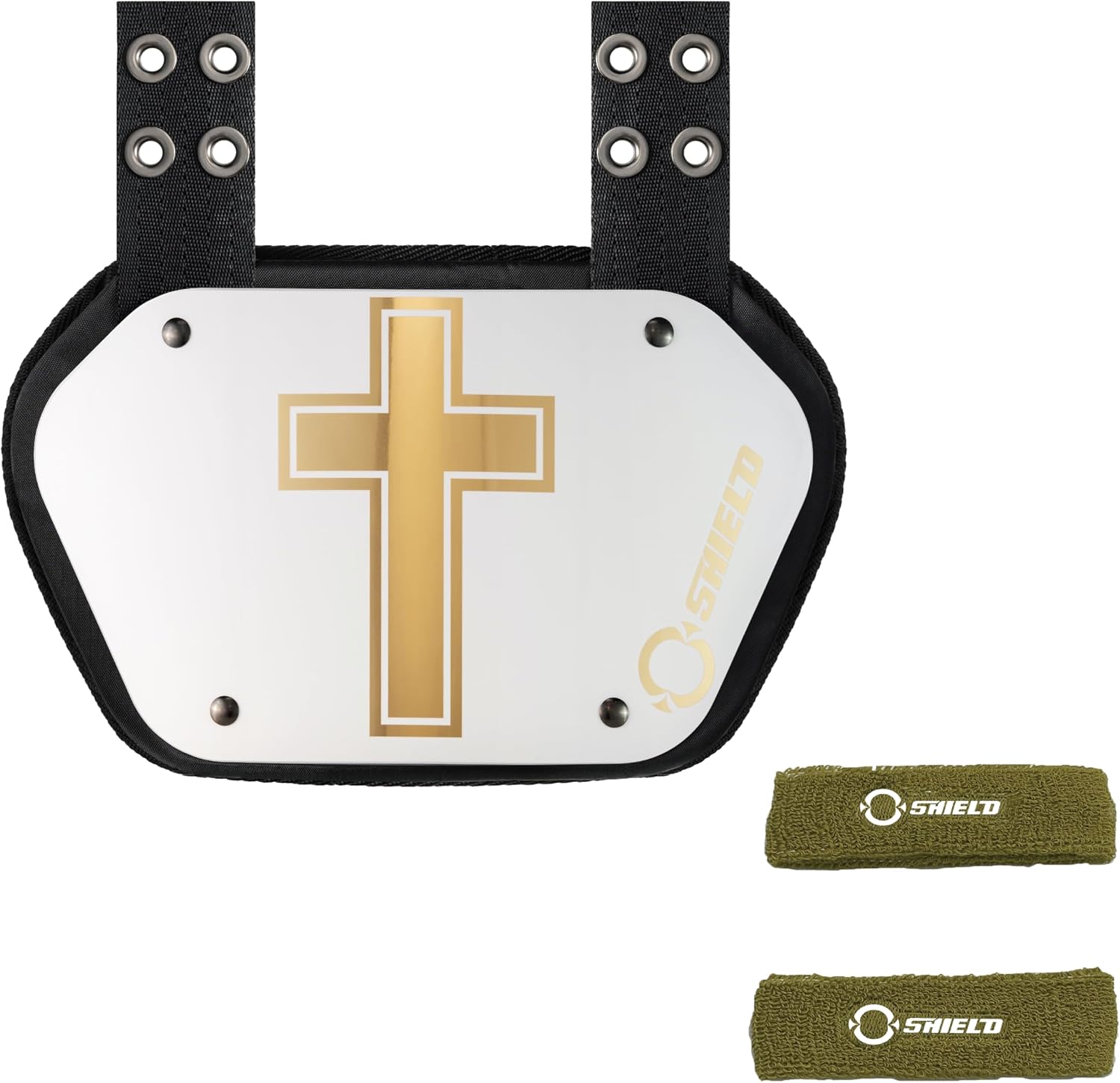 O Shield Golden Cross White Football Backplate with Vegas Gold Sports Arm Band, Backplate Football with Bicep Band, Sold by Package