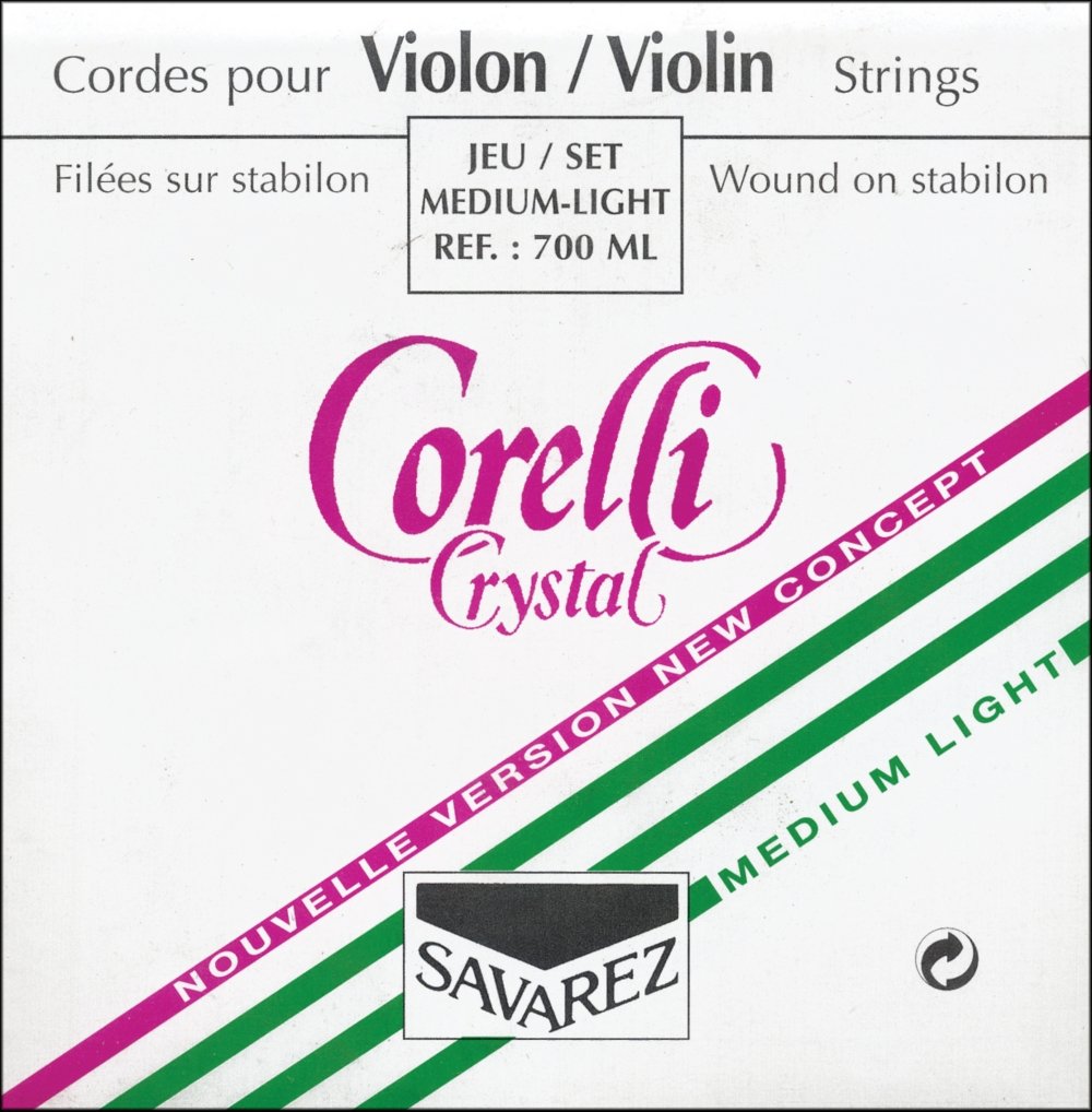 SAVAREZ - 700ML SET TENSIONE MEDIO/LEGGERA Set per Violino, a Tensione Medio/Leggera, della Serie Corelli New Cristal di Savarez, Prima corda (MI-E-1) Loop End (senza pallino)