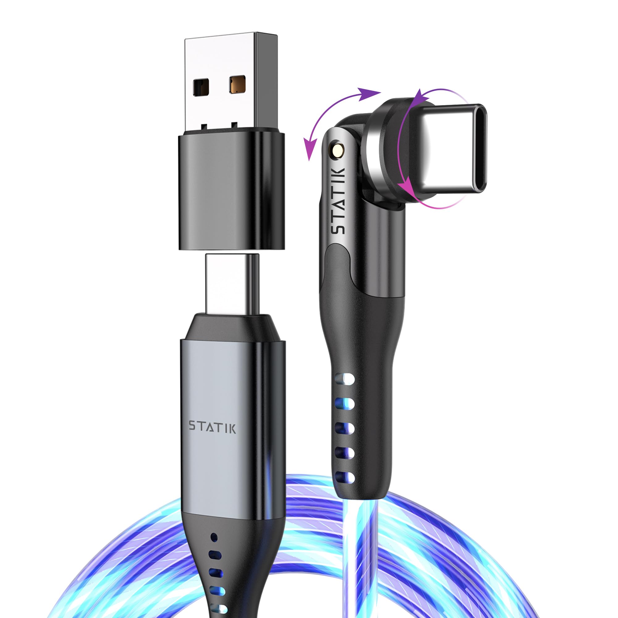 Statik PowerPivot 90 Degree Cable GloBright Pro Right Angle Charging Cable, Light Up Swivel Charging Cable, 60W LED USB C Fast Charging Cable, Glowing