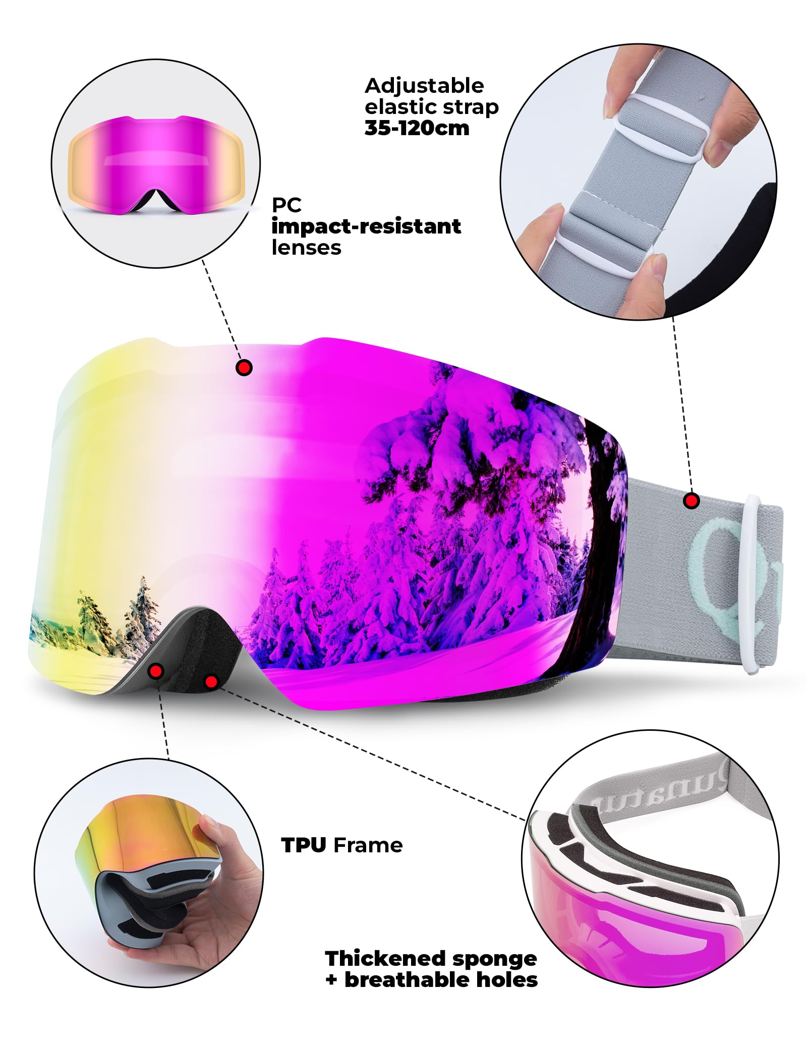Lunettes Ski OTG Hiver Visière Protection UV400 Masque Anti-buée Élastique Respirant Jouer Neige Homme Femme Compatibles avec Casque Grand Vision Non-Cadre Snowboard Motoneige Escalade