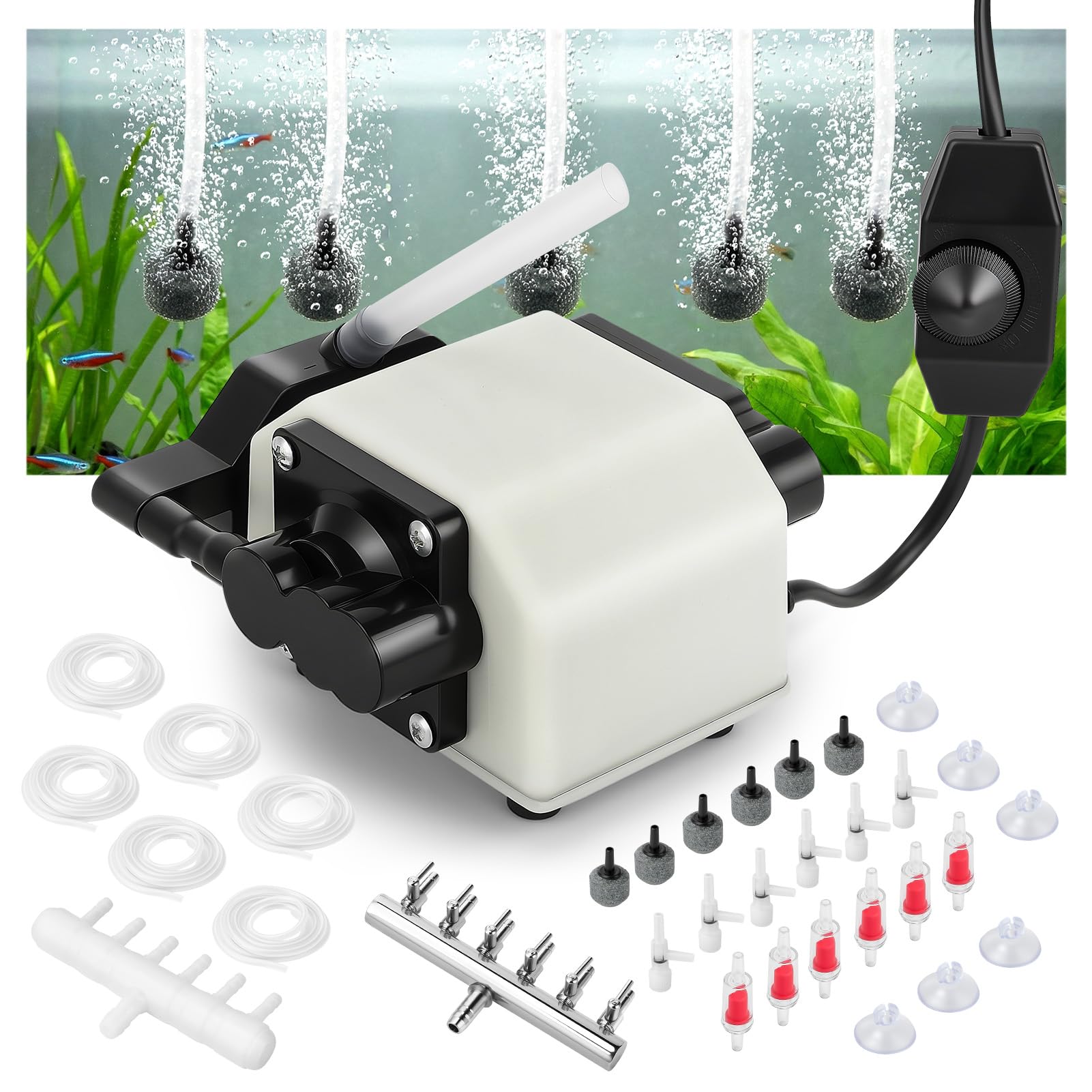 Aquarium Luftpumpe mit 6 Ausgängen – 25 W regelbare Sauerstoffpumpe für Aquarien & Gartenteiche, leiser Belüfter mit Magnetantrieb, bis 3 m Tiefe, 55 l/min (3300 l/h)