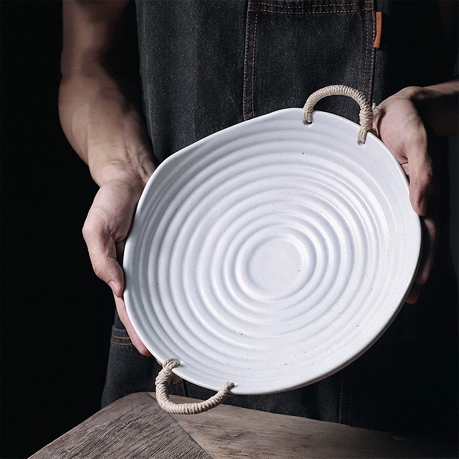Plato de Cena Platos de cerámica for la Cena Estilo japonés, Hechos a Mano, Retro, con Rosca y Mango Trenzado antiescaldaduras(6-Inches)