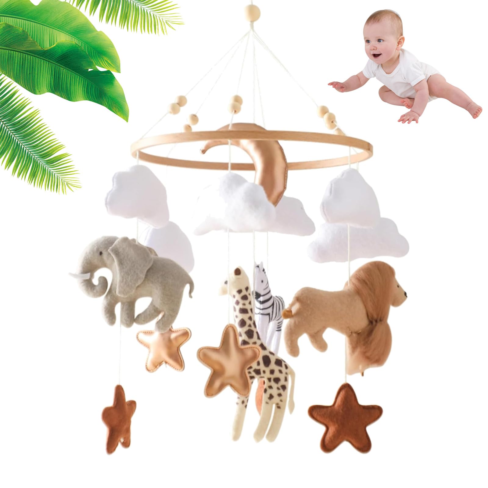 Animal Baby Crib Mobile, Soft Felt Jungle Nursery Hanging Mobile with Lion Giraffe Elephant, Neutral Wind Chime for 0-12 Months, Newborn Baby Shower Gift for Boys Girls (Green) — view 2