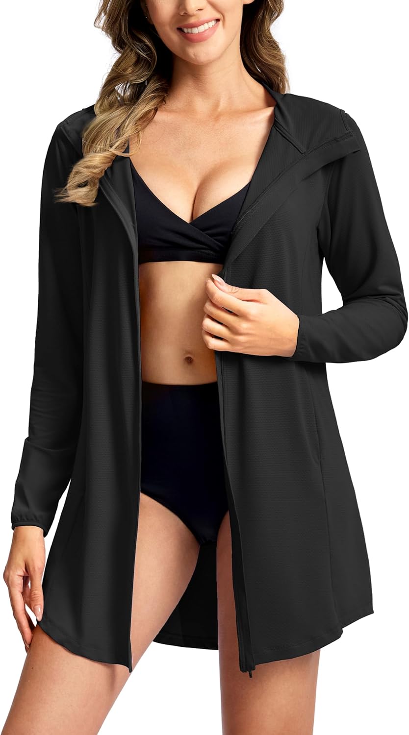 SANTINY Women's UPF50+ Swim Cover Up Sun Protection Hoodie Long UV Jacket SPF Lightweight Swimsuit Beach Cover Ups for Women