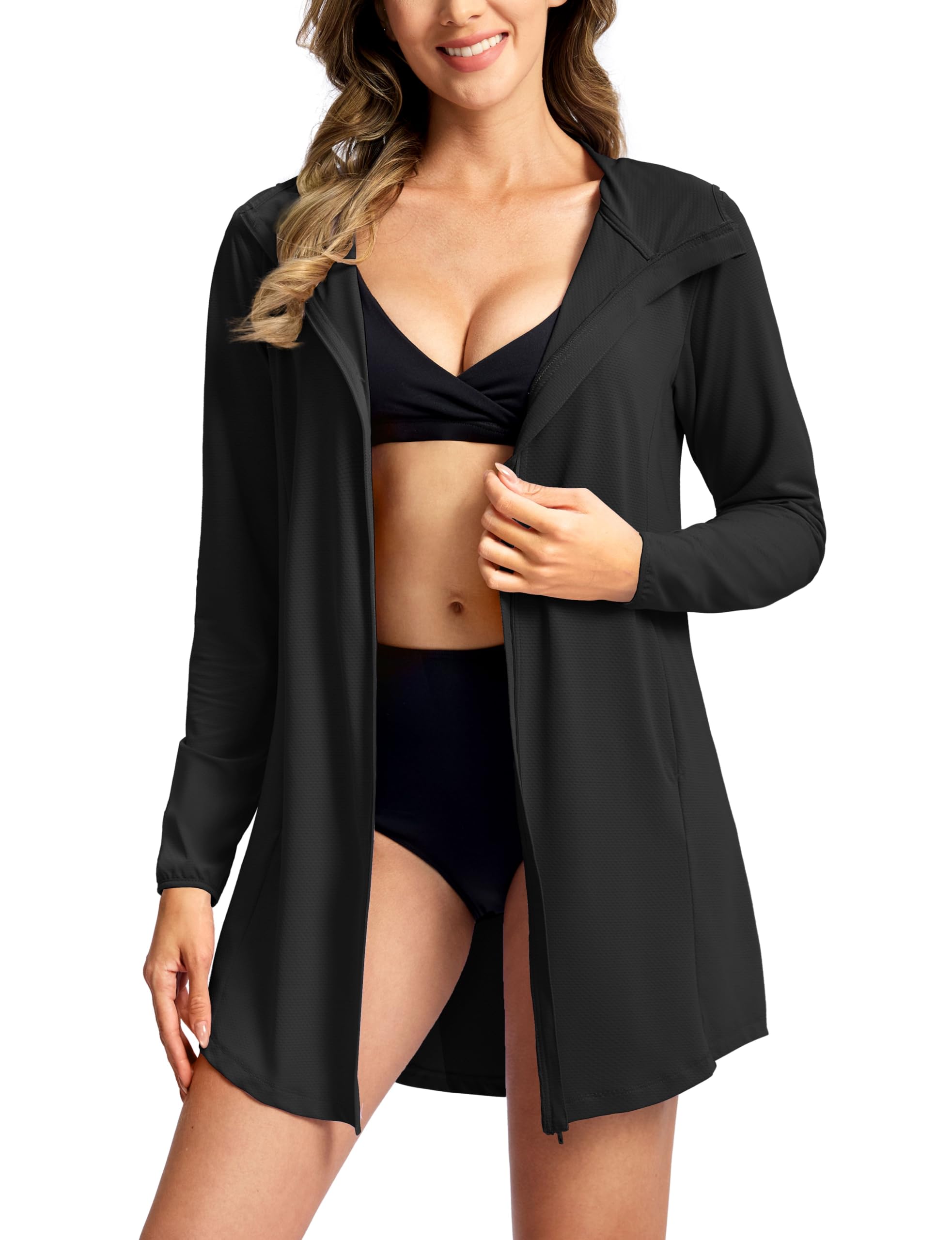 SANTINY Womens UPF50 Swim Cover Up Sun Protection Hoodie Long UV Jacket SPF Lightweight Swimsuit Beach Cover Ups