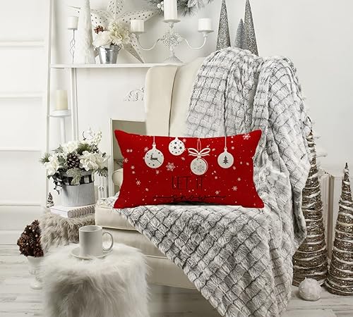 Miniatura 8 de Juego de 4 fundas de almohada rojas de 12 x 20 pulgadas con diseño de rayas rojas, Papá Noel, muñeco de nieve, copo de nieve, árbol de Navidad, Let