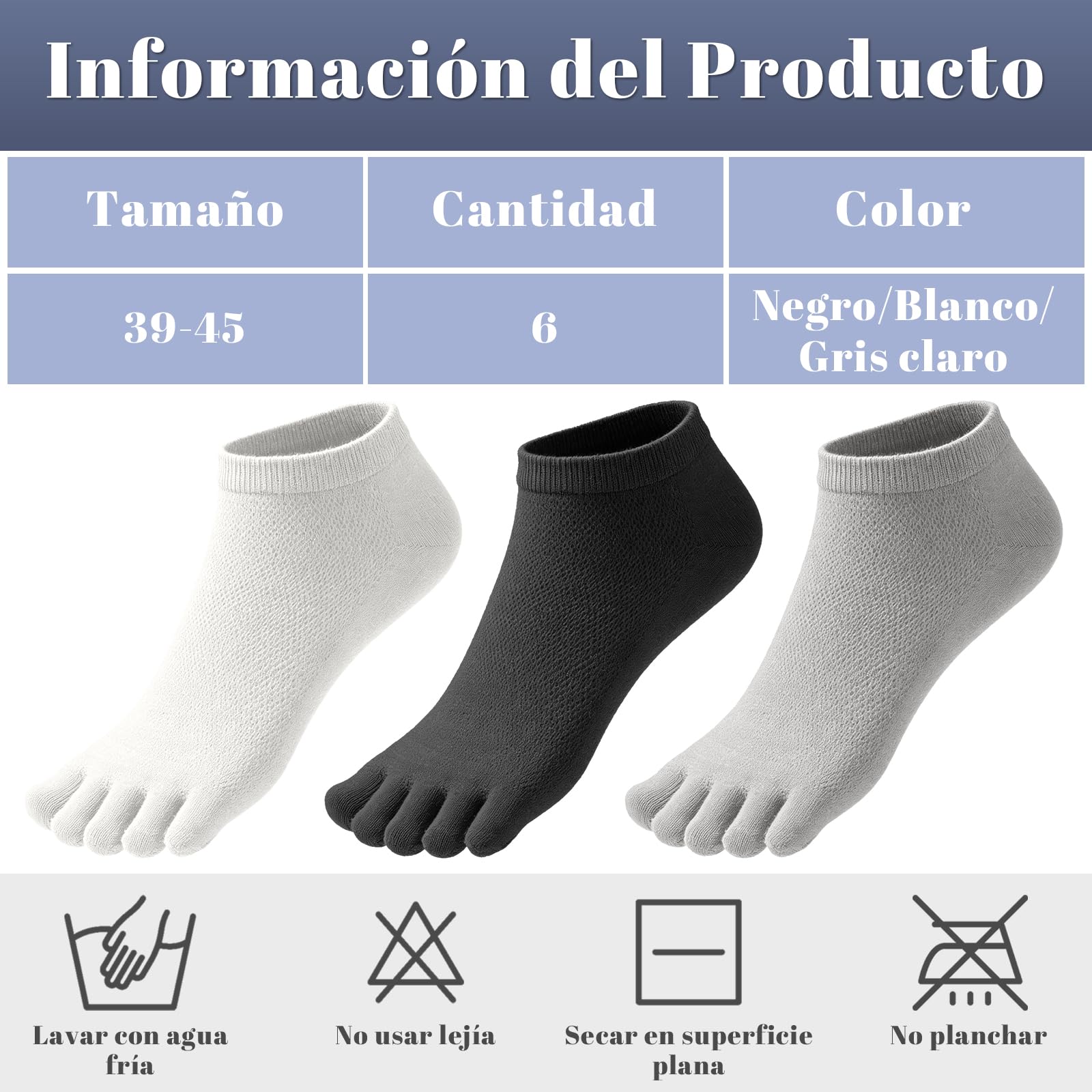 Soleeya 6 Pares Calcetines Dedos Running Hombre Talla 39-44, Transpirable Calcetines con Dedos Separados Tobilleros Cortos Deporte Hombre de Algodón para Correr Informal — view 3
