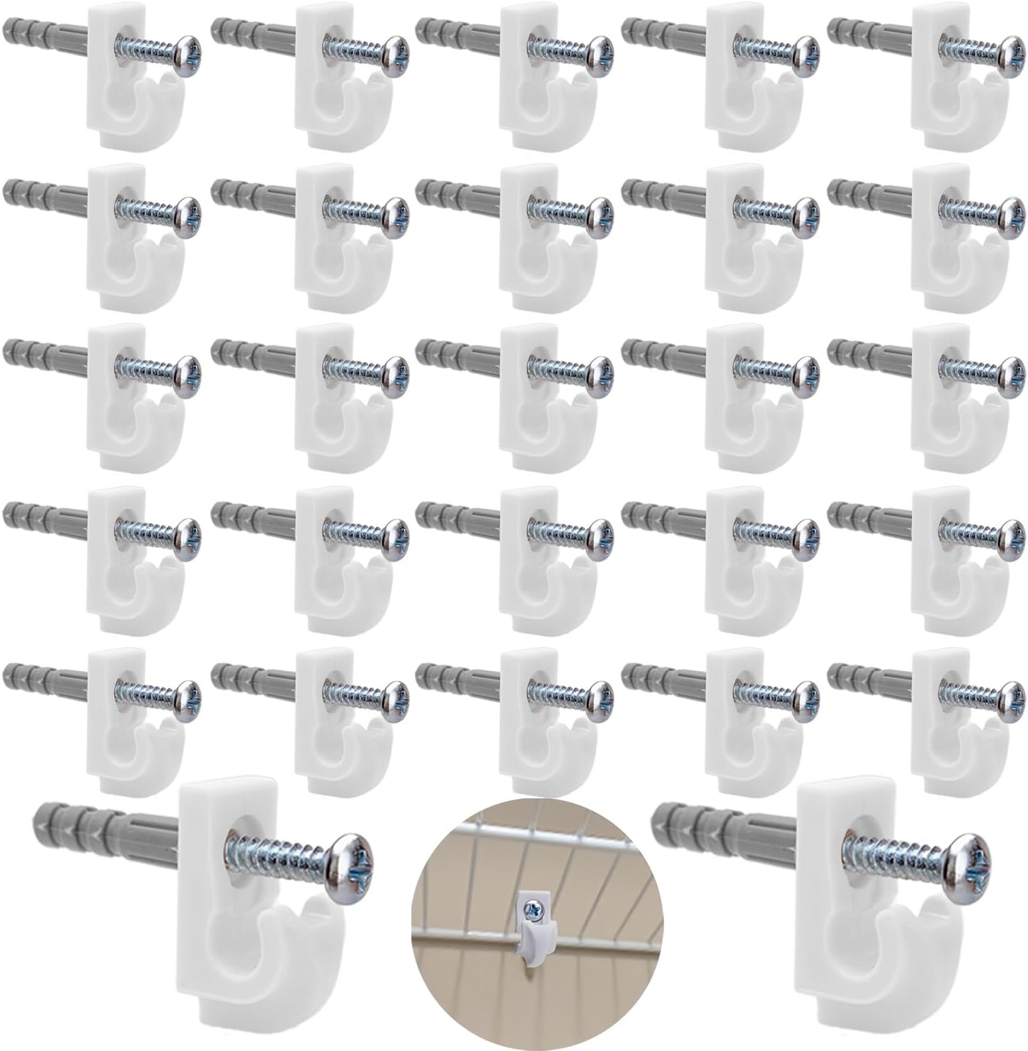 Down Wall Clips- 30 Sets Wire Shelf Brackets Loop -Closet Shelves Clips-Wire Shelf Back Wall Clip,Included Clips,Screws and Expansion Tubes ,Plastic,White,30 Sets (Pack of 1)