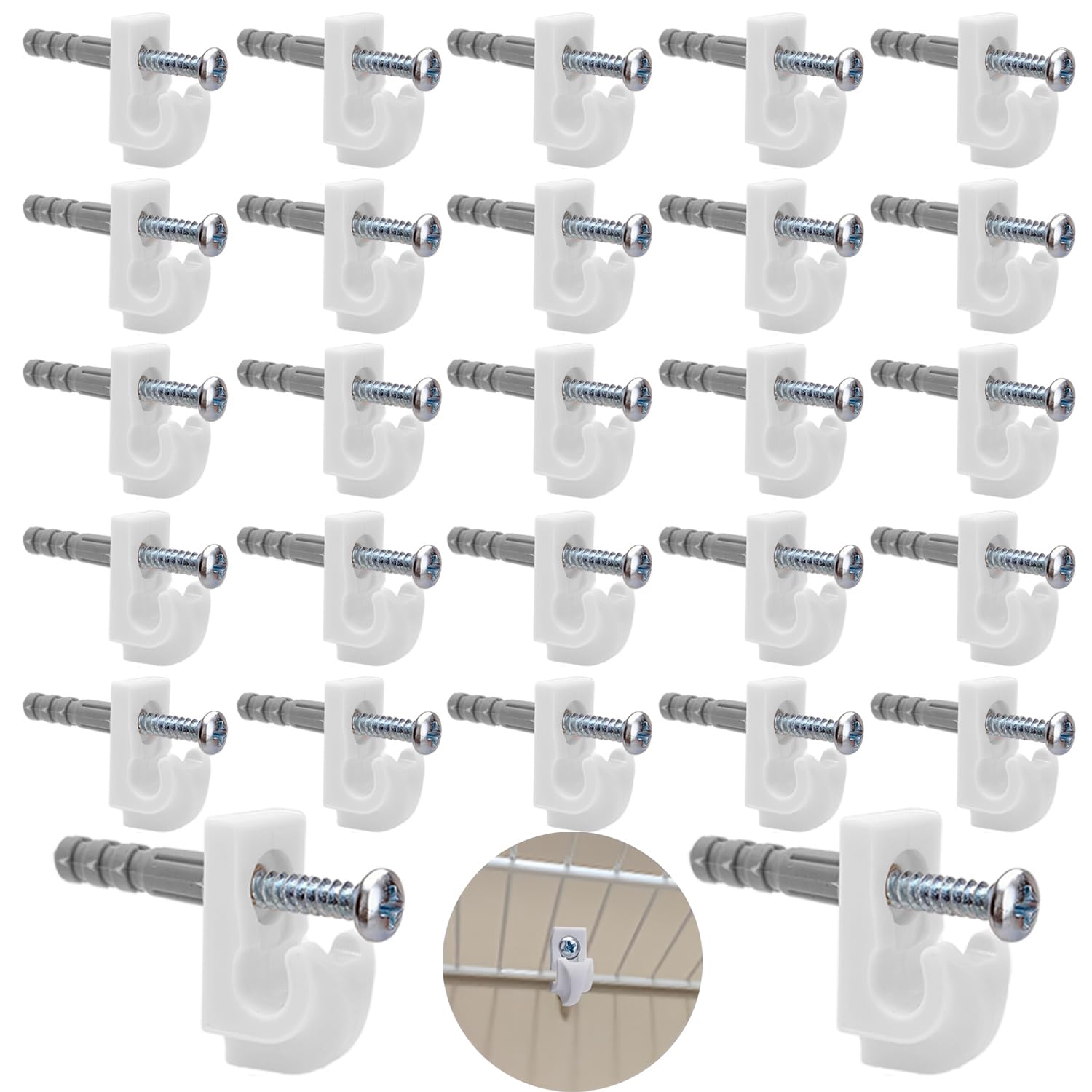 down wall clips- 30 sets wire shelf brackets loop clips-closet shelves clips-wire shelf back wall clipincluded clipsscrews and expansion tubes plasticwhite30 sets pack of 1