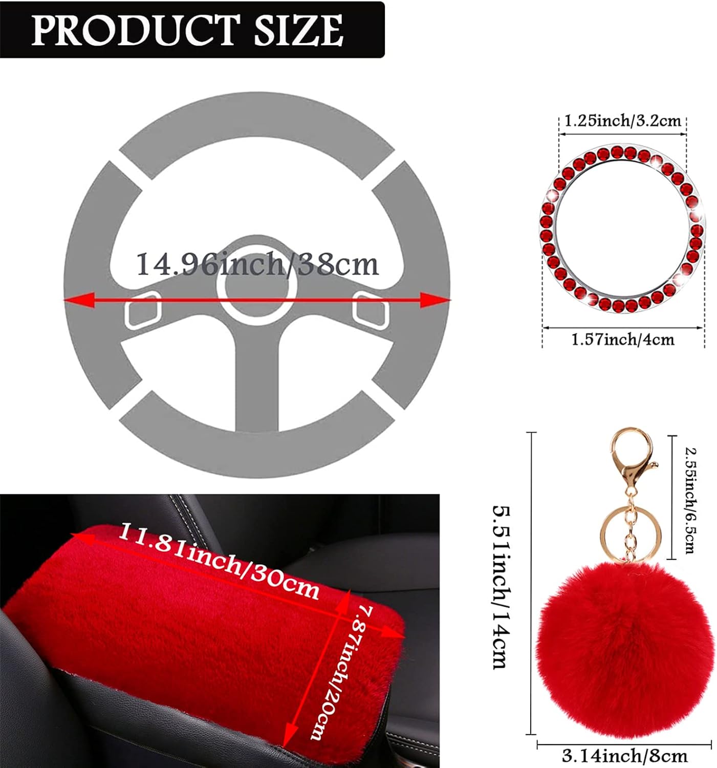ZYNQACC 1 Set 8 Pieces Fluffy Steering Wheel Cover Set,Warm Soft Fuzzy Steering Wheel Covers for Women/Girls,Universal 15 Inches Girls Car Accessories (Red) image 5