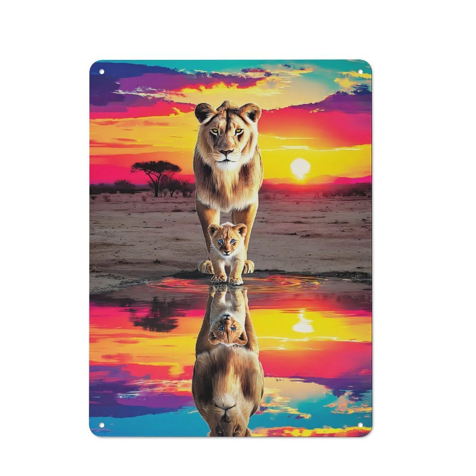 Shop Front Style Lioness And Cub Reflection -1 Decorative Metal Plaque 40x30cm, Shop Wall Decor for Cafe, Bistro, Bakery Or Restaurant