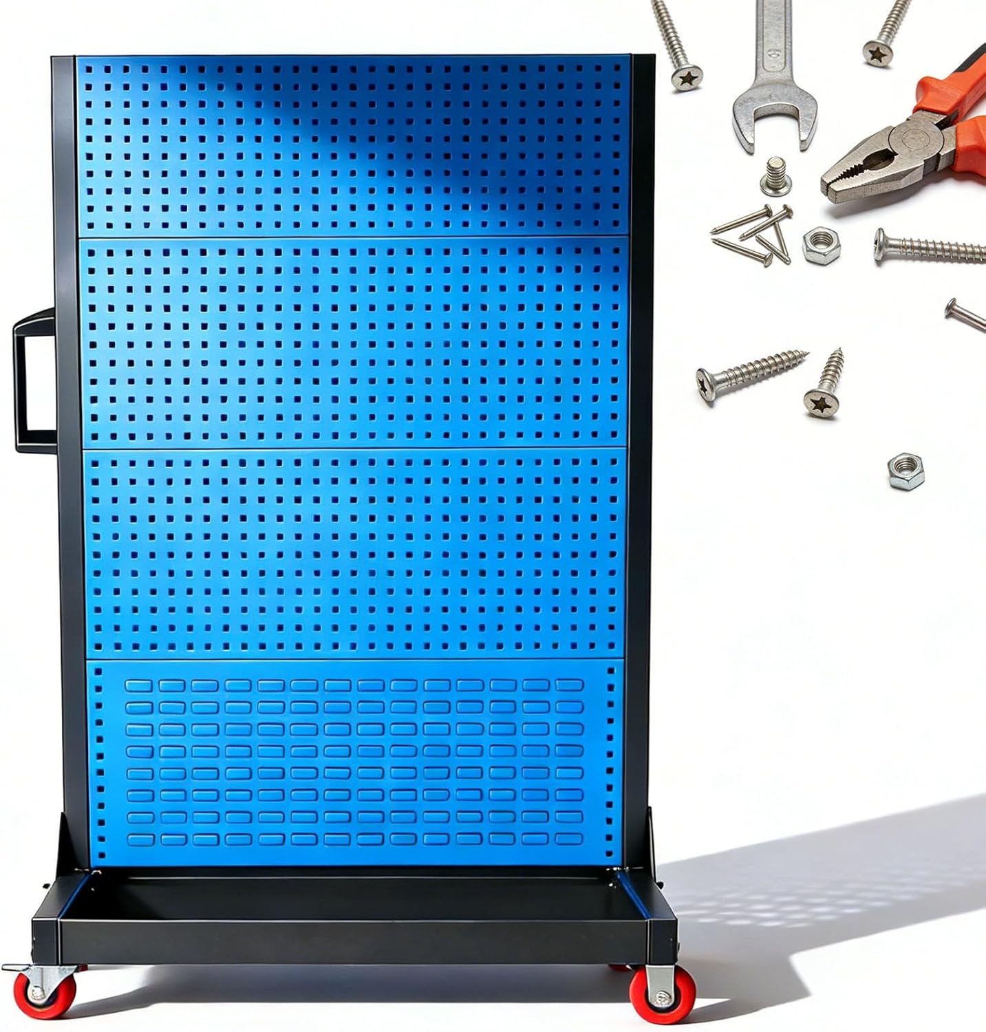 Modular Tool Organizer Rack, Garage Storage Shelf with Pegboard & Locking Casters, 4-Tier Workbench Cart for Easy Access in Workshop & Garage