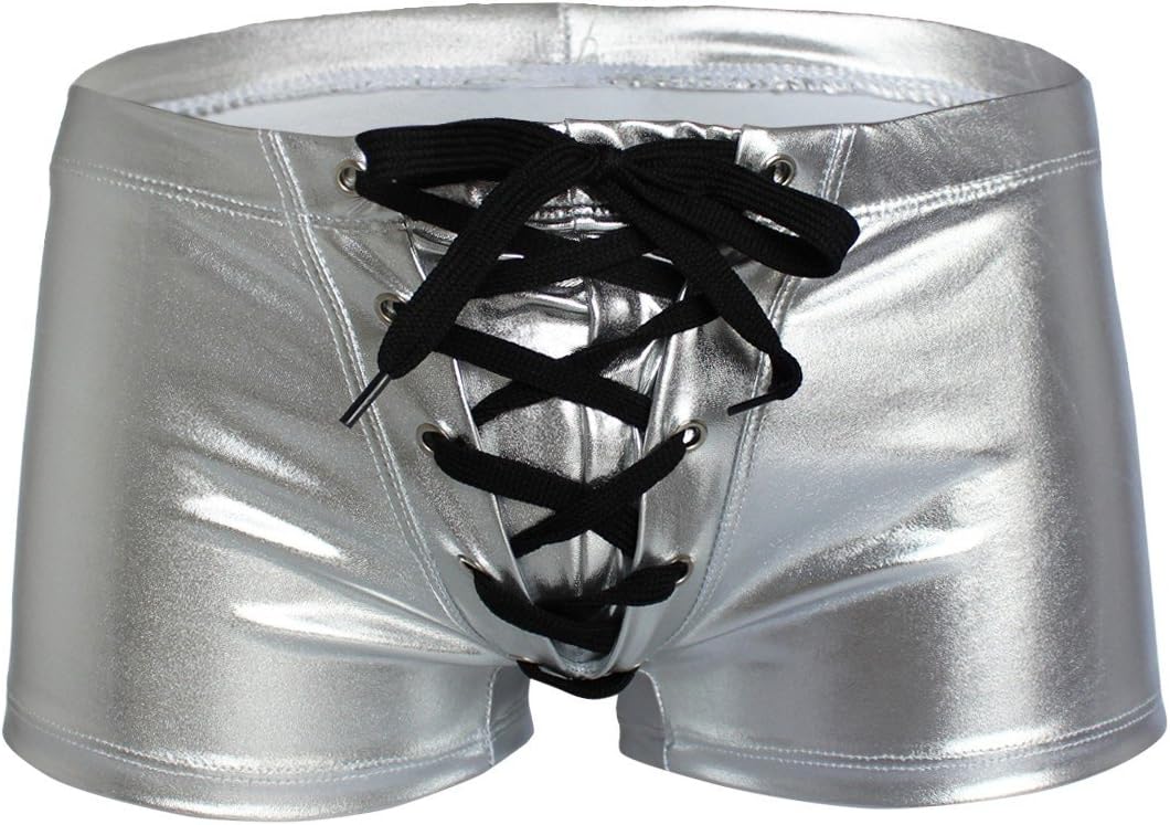 FEESHOW Mens Metallic Trunks Boxer Shorts Lace up Underwear Brief Bikinis Swimwear