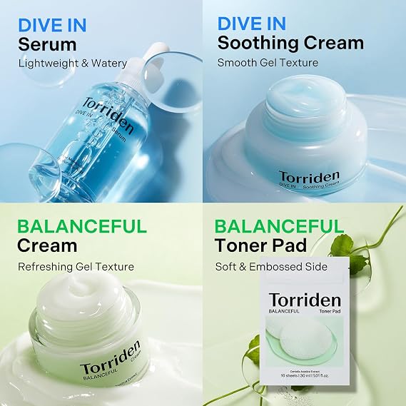 Torriden Softly Hydration Heroes DIVE IN Serum 1.69 fl.oz.+DIVE IN Soothing Cream 3.38 fl.oz+BALANCEFUL Cream 2.70 fl.oz.+BALANCEFUL Toner Pad 10 sheets | Korean Skincare Set for Hydration & Calming