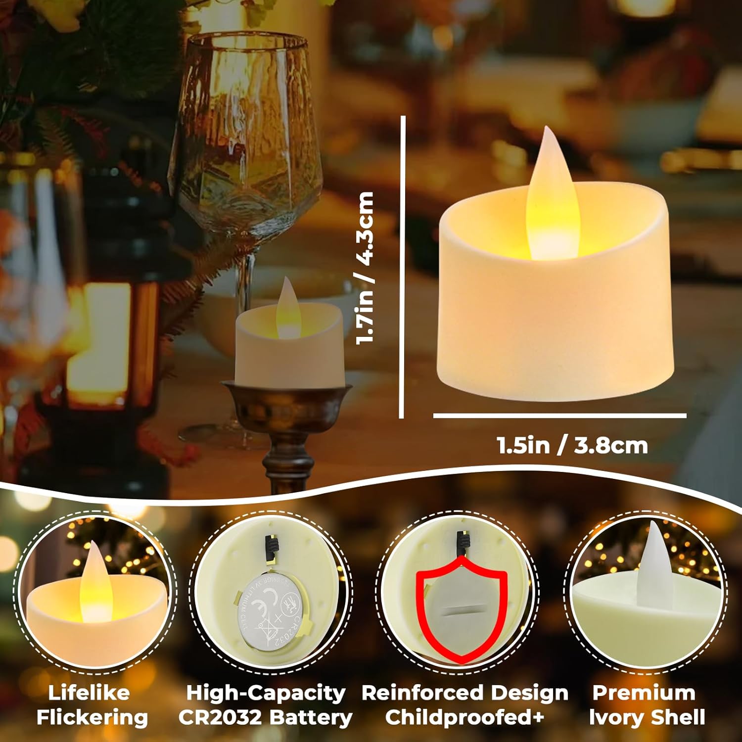 24-Pack Realistic Flameless Tea Lights, Patented Dual-LED Tech (Steady + Flicker) - Battery Operated Warm Yellow Votives for Wedding, Valentine, Home Decor (Ivory Base, 24 Pack) - Image 4