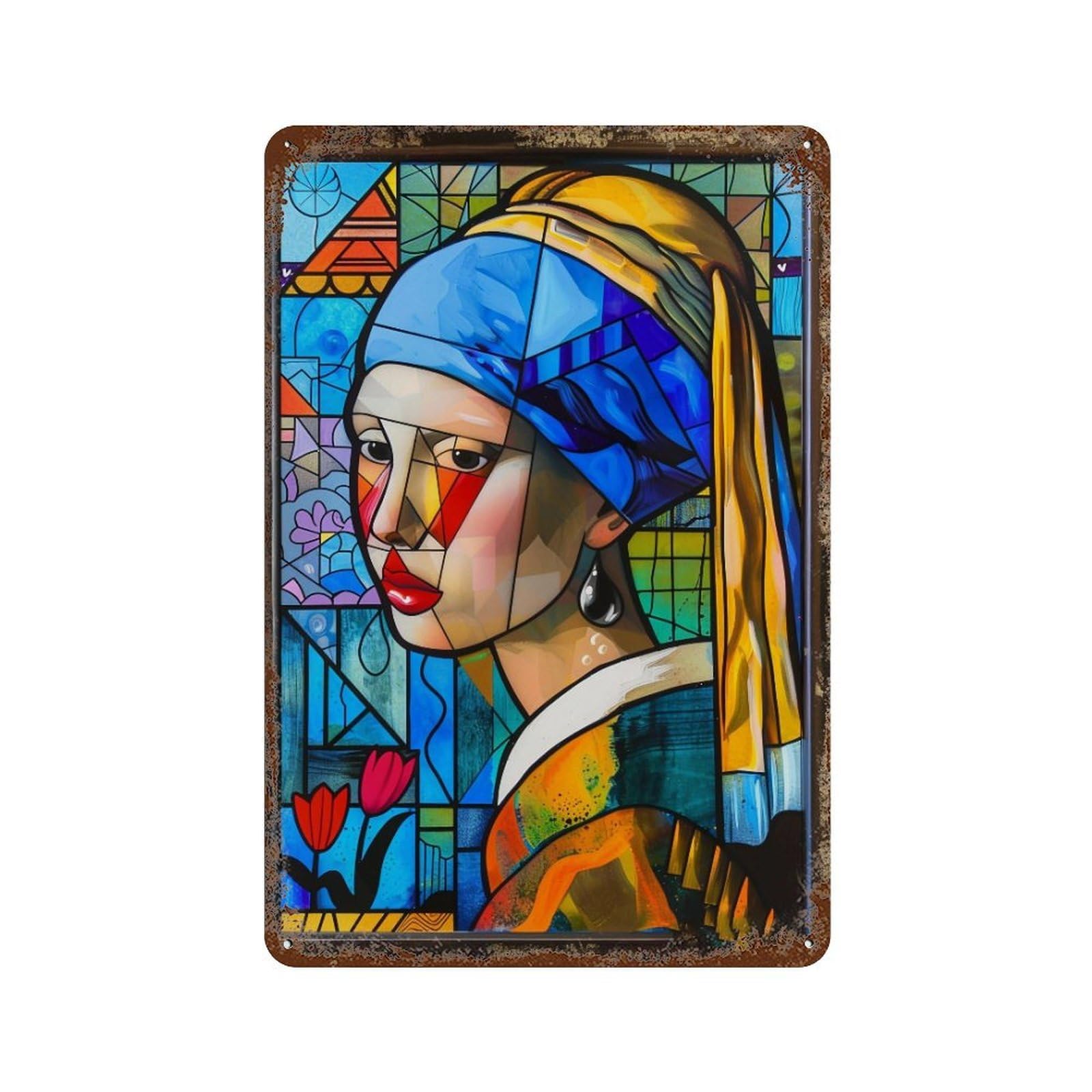 YHGERTKU Geometric Cubist Girl with A Pearl Earring 04 Wall Art Retro Iron Vintage Metal Tin Sign Poster Modern Decor for Living Rooms Gift 30x20cm