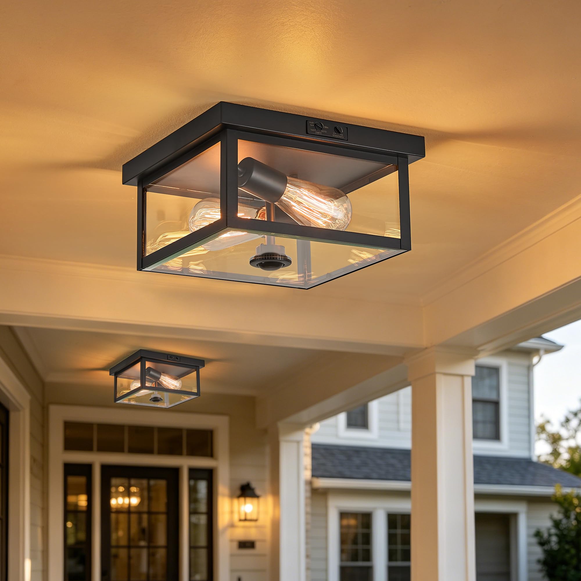 Lámpara de techo ajustable con sensor de movimiento para exteriores, diseño moderno de cuadrados, montaje empotrado, 2 luces texturizadas, color negro con vidrio transparente para tu porche, garaje