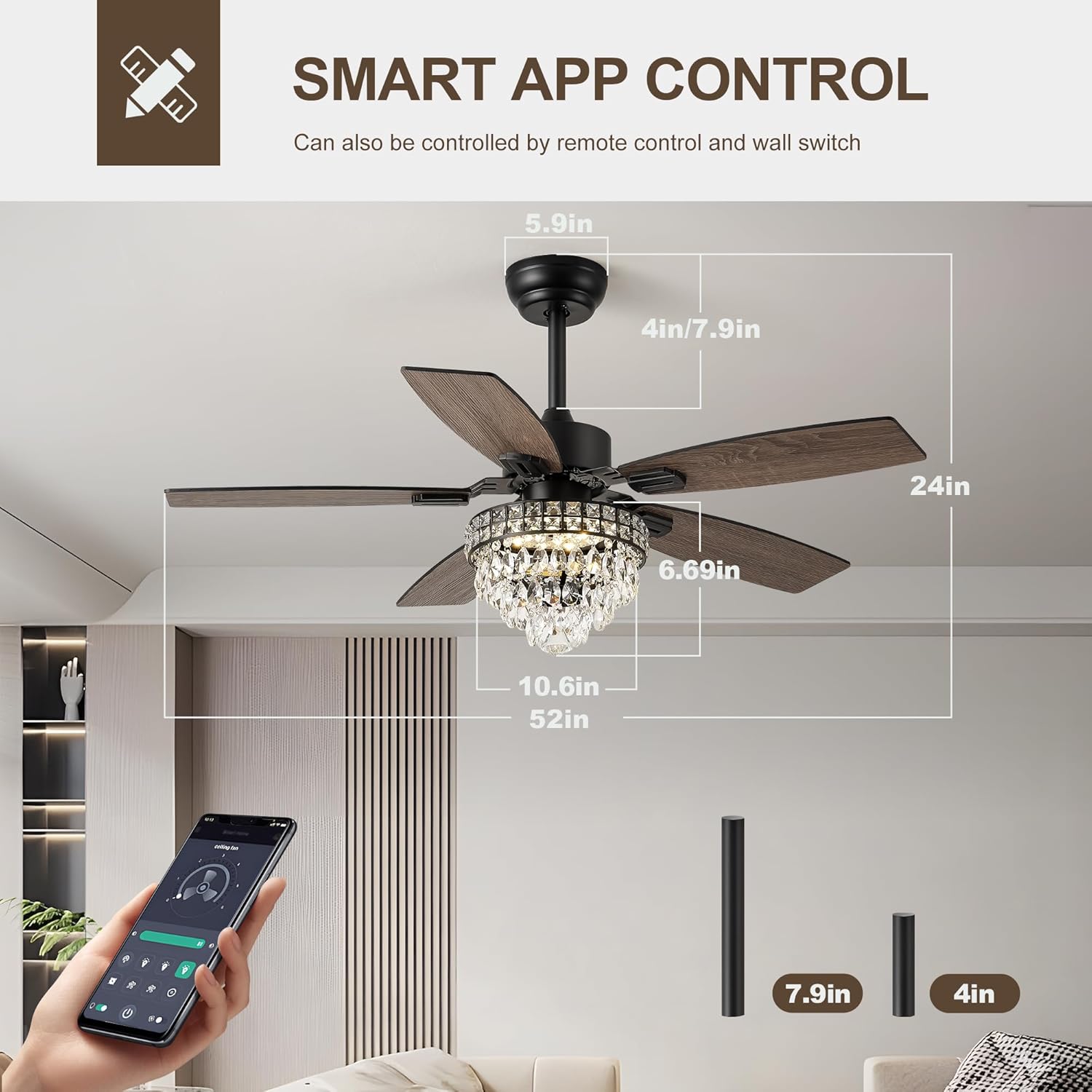 Chandelier Ceiling Fans with Lights and Remote,42in Chandelier Fan Ceiling,Crystal Ceiling Fan Fandelier with Lights,6 Speed 3 Timer Quiet Ceiling Fan for Bedroom (Black, 52 Inch)