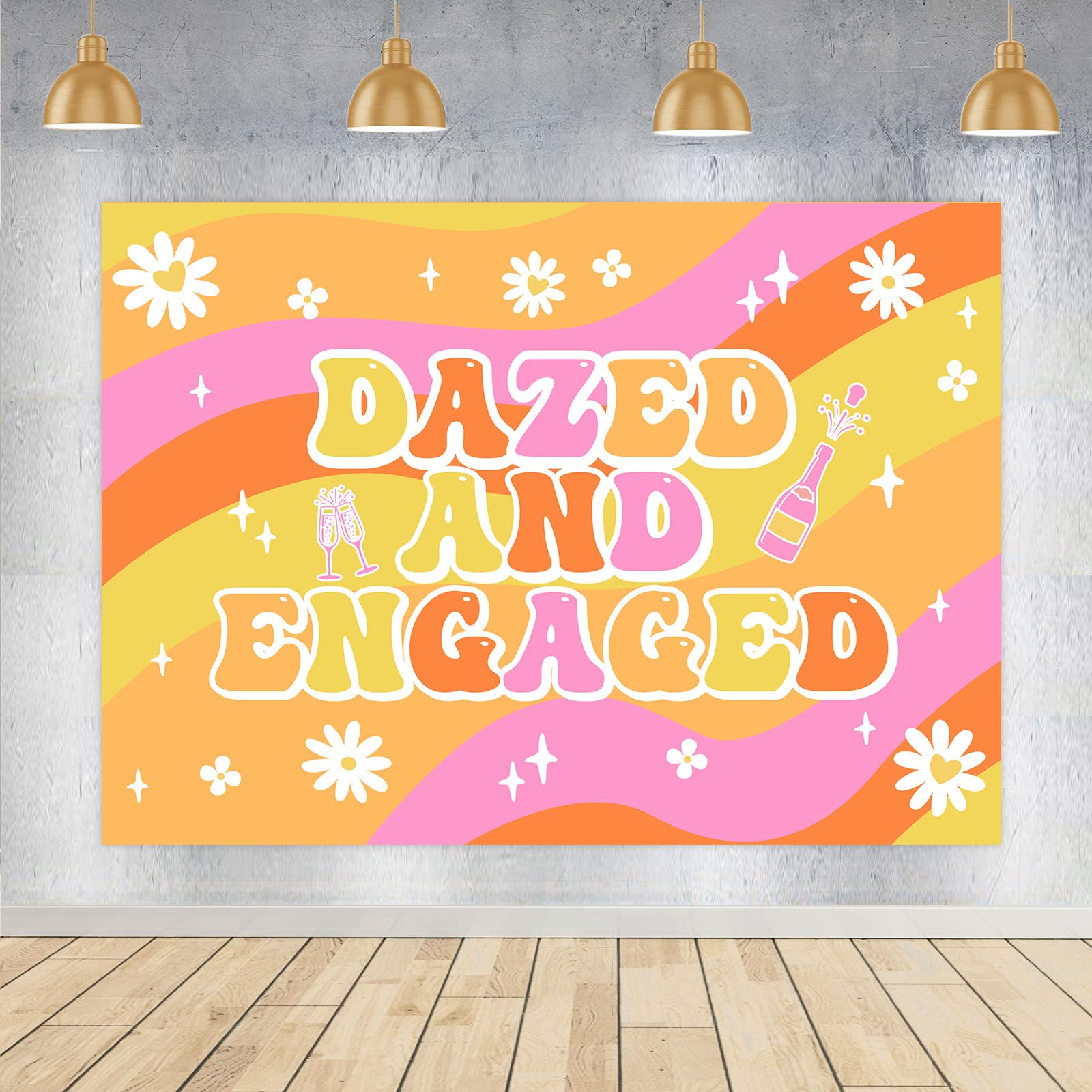 Jollyboom Groovy Bridal Shower Decoration, Dazed and Engaged Bachelorette Backdrop Banner 5×3ft Groovy Daisy Champagne Background Props for Retro