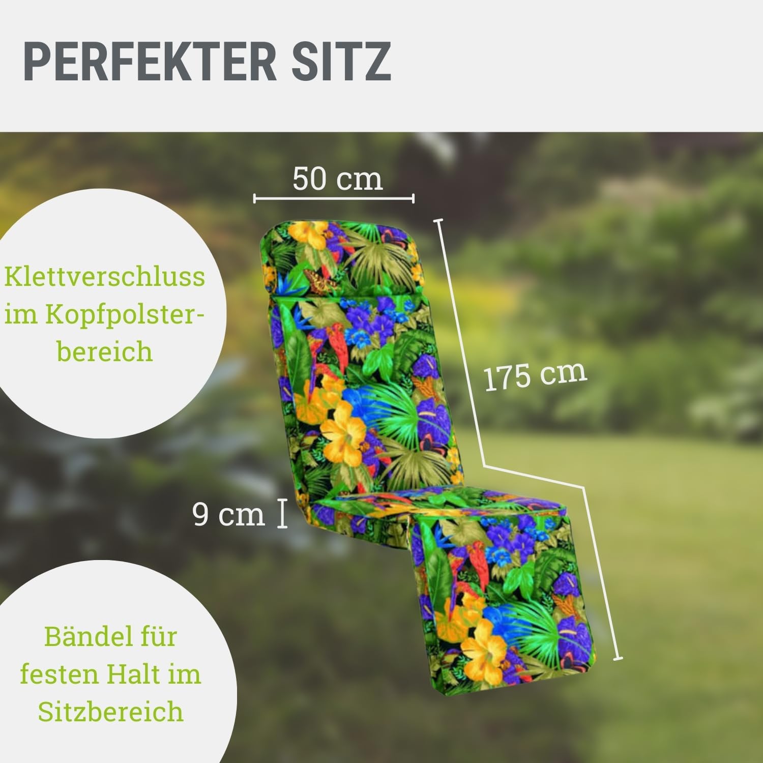 Auflage Relaxliege Papagei I Gartenliege Polster 175x50x9cm I hochwertige & Pflegeleichte Liegenauflage I Wetter- & formbeständige Liegen-Auflage I KTH3 Liegestuhlauflage