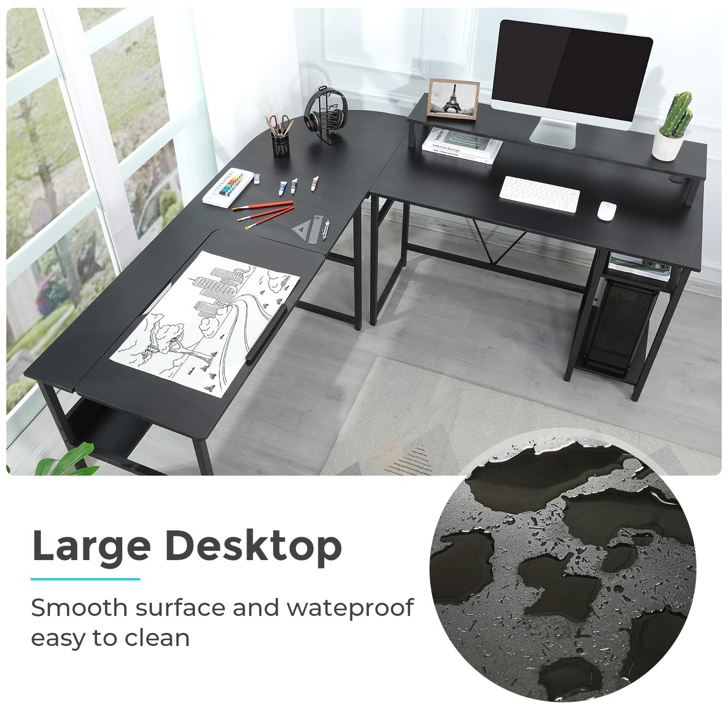 Sedeta L Shaped Computer Desk with Hutch, Drafting Drawing Table for