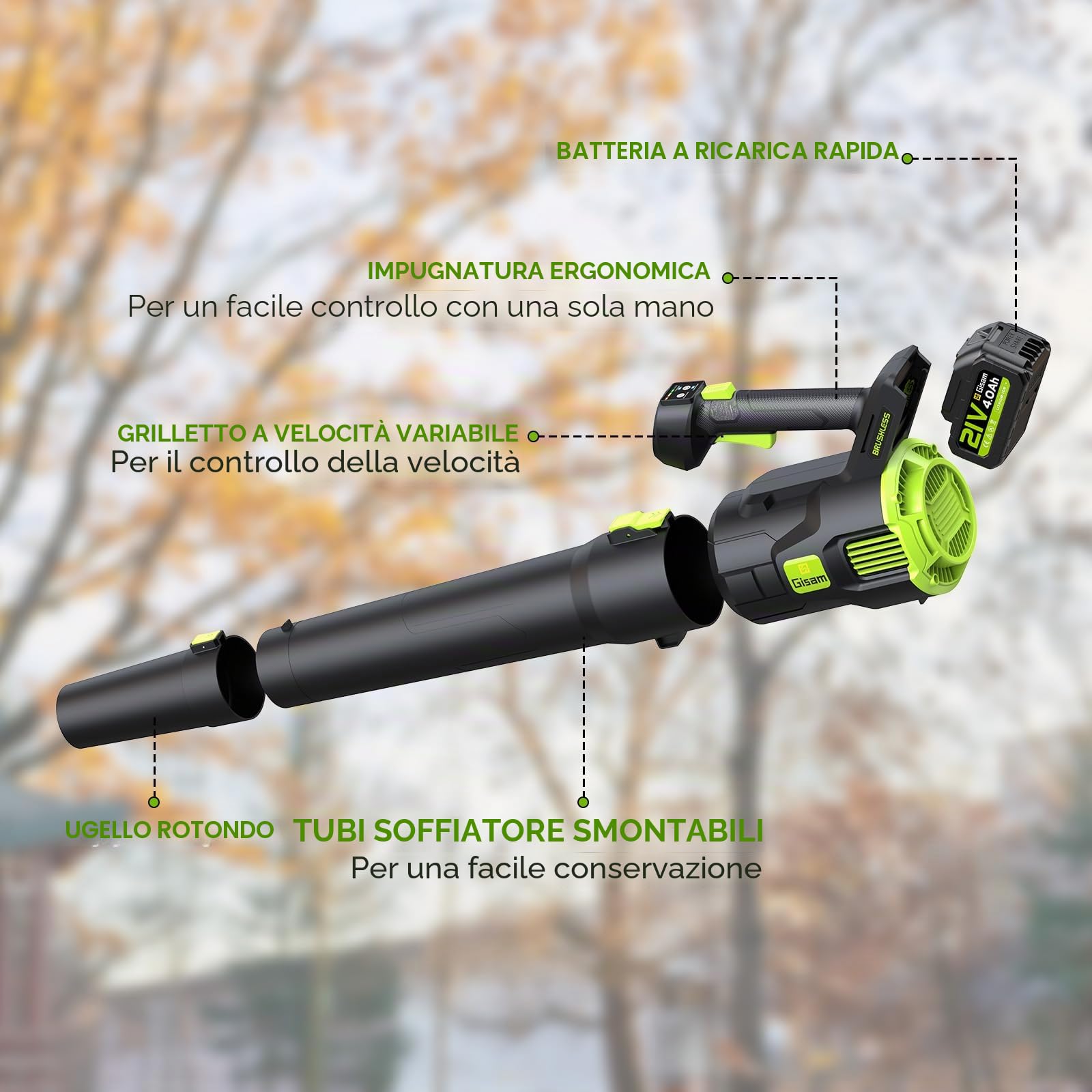 Soffiatore a Batteria, Gisam Soffiatore Elettrico Senza Spazzole con 2x4.0Ah Batterie, Soffiatore Foglie 2 Velocità+Turbo Modalità Max 25000RPM, Volume d'aria 750m³/h per Giardino