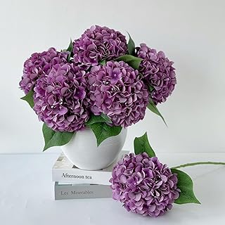5 Pcs Dark Purple Silk Hydrangea Artificial Flowers - Boho Dried Touch 20'' Faux Hydrangeas for Fall Home Decor, Kitchen, Living Room, Porch Wreath, Xmas, Wedding Flower Arrangement