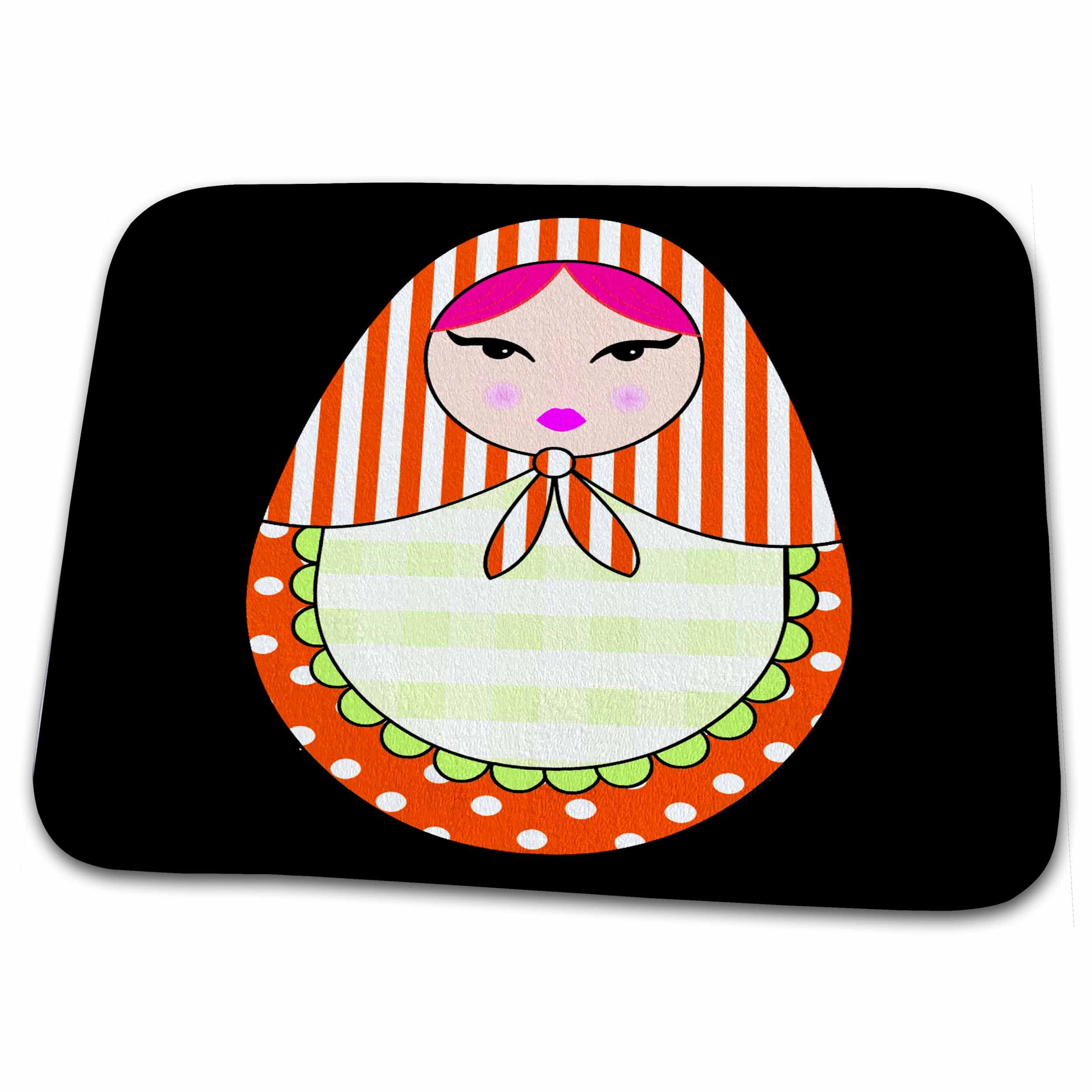 Dish Drying Mat - Cute Russian Matryoshka Nesting Doll Pink Hair - Warm Colors Black Designs Dolls