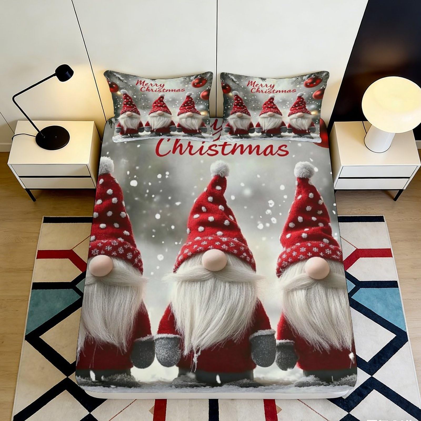 3D Printed Christmas Gnome Fitted Sheet Microfiber Red Grey Bed Cover for Bedroom Guest Room Mattress Protection Decor 120x200x25cm