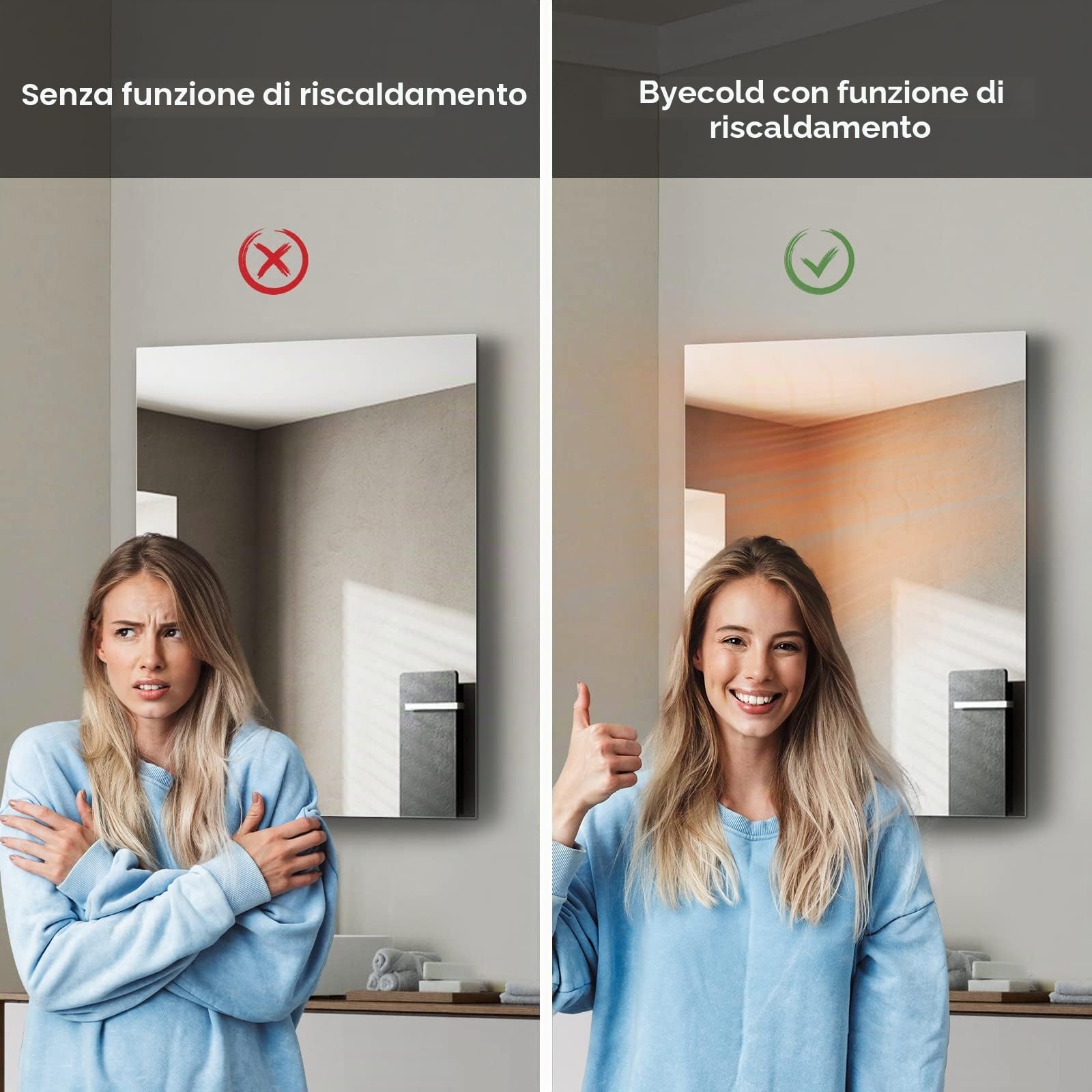 Specchio per riscaldamento a infrarossi, 580 Watt, riscaldamento a specchio, a infrarossi, specchio da bagno, 100 x 60 cm, specchio da bagno, riscaldamento elettrico, piastra di riscaldamento da