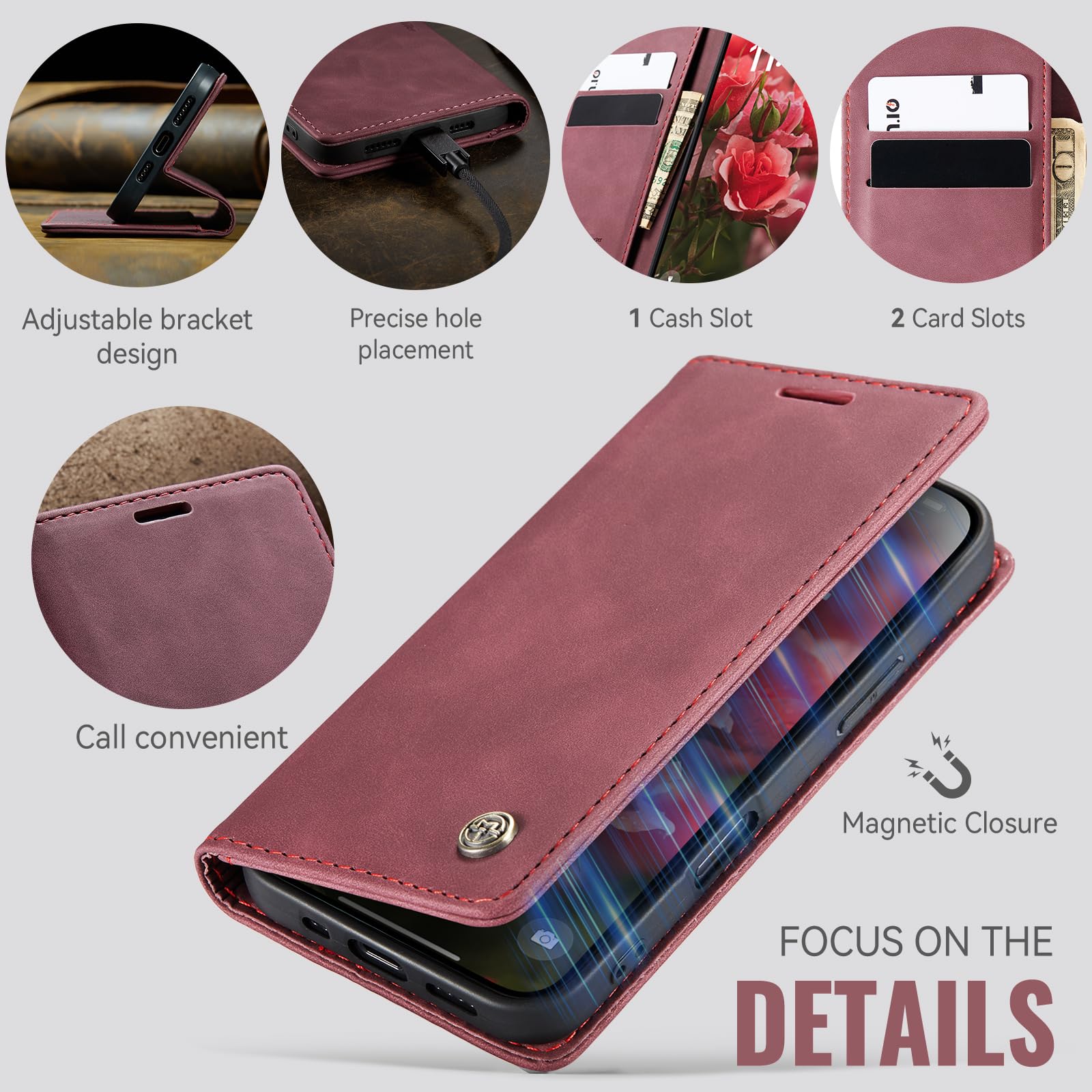 Samokor Cover per iPhone 16 Pro 5G Pelle Flip Custodia Cavalletto Portafoglio Magnetica Carta Fessura Antiurto per iPhone 16 Pro 5G,Vino Rosso