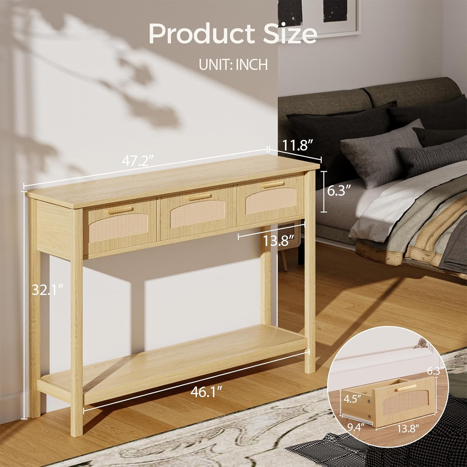 FONTOI Entryway Table with 3 Rattan Drawers, Console Table with Golden Metal Handles, Sideboard Sofa Tables Open Storage, Narrow Hallway Table for Small Spaces Living Room, Wood